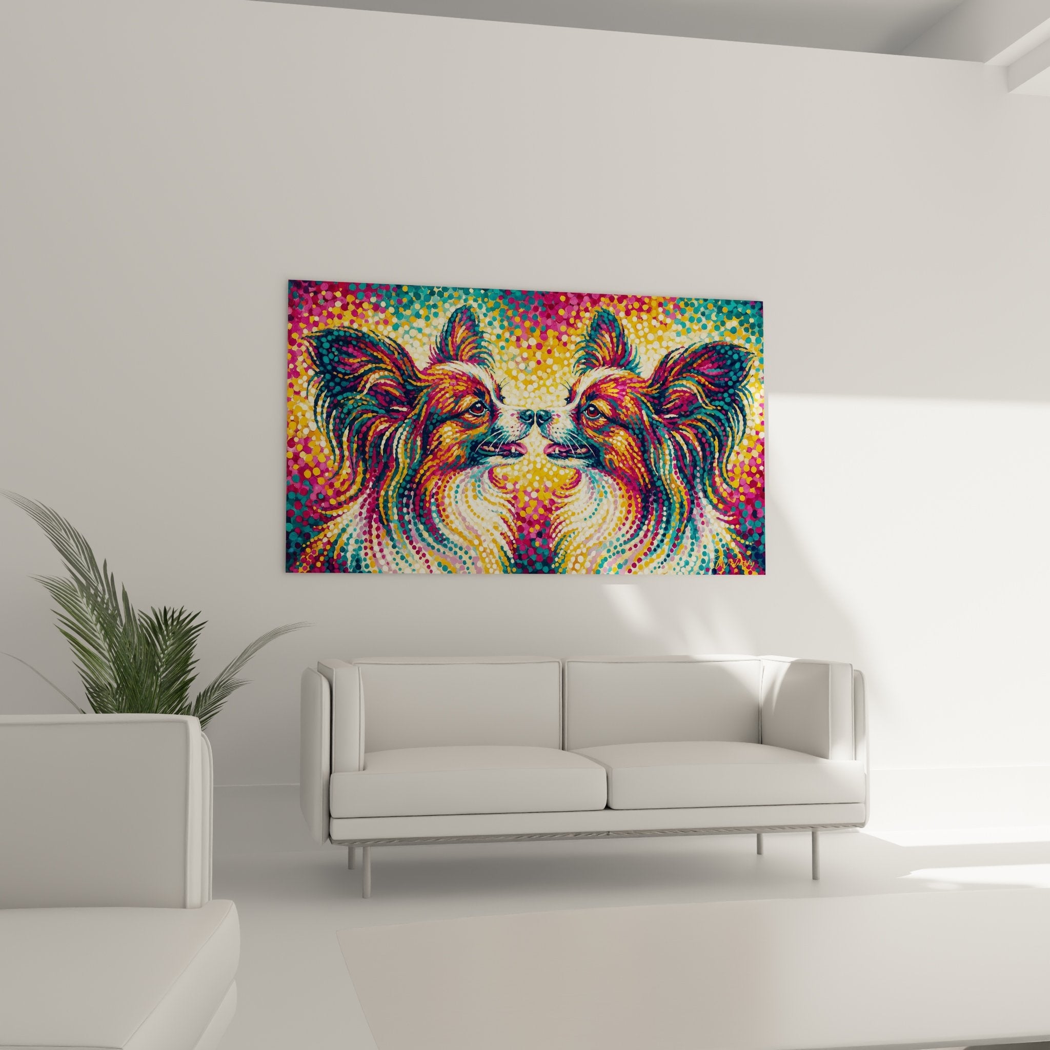 Dettaglio tecnico pointillismo ritratto cane farfalla che mostra texture colorata e orecchie caratteristiche