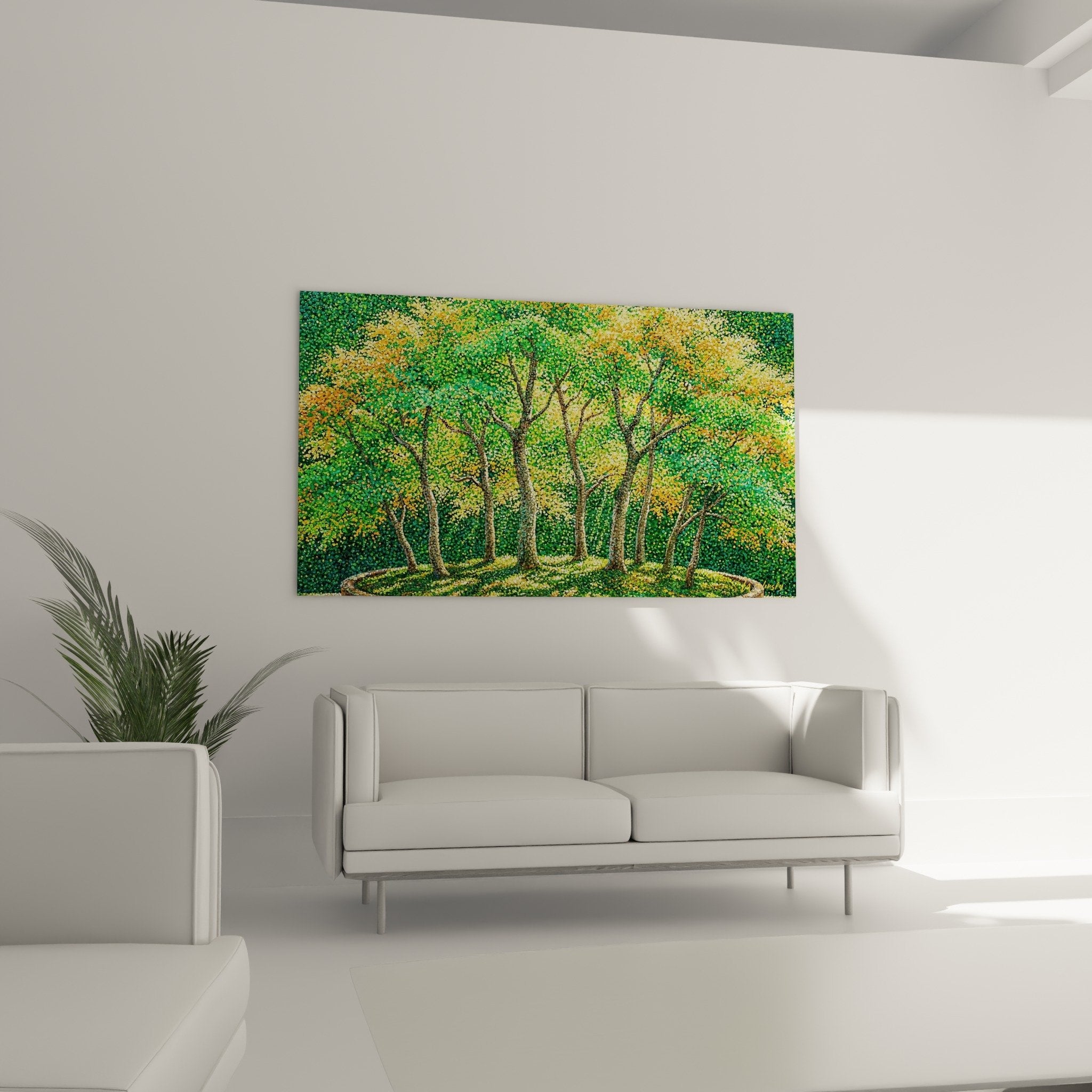 Close-up of pointillist technique in forest artwork showing green and gold dots Bonsai Edition