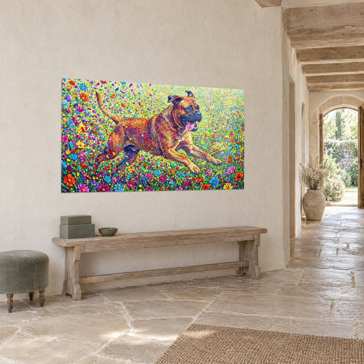 Wall art russet-brown dog running at full stretch, pink tongue hanging out, blue and yellow flowers, stone wall of a country house