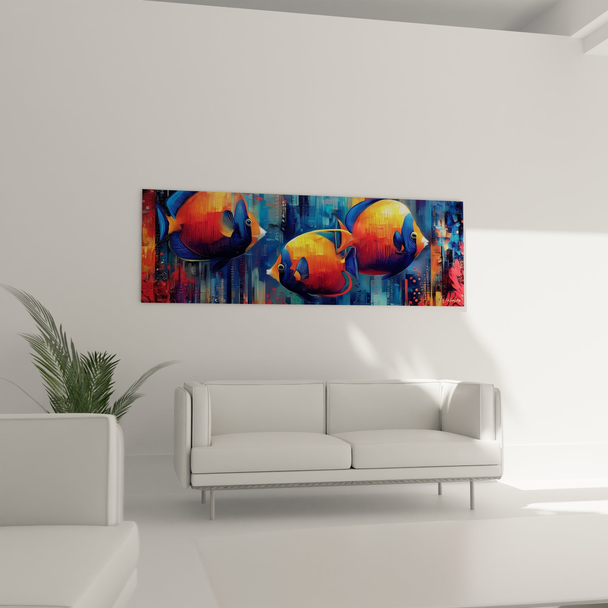 Détail rapproché tableau poisson tropical aux couleurs vives orange jaune et bleu