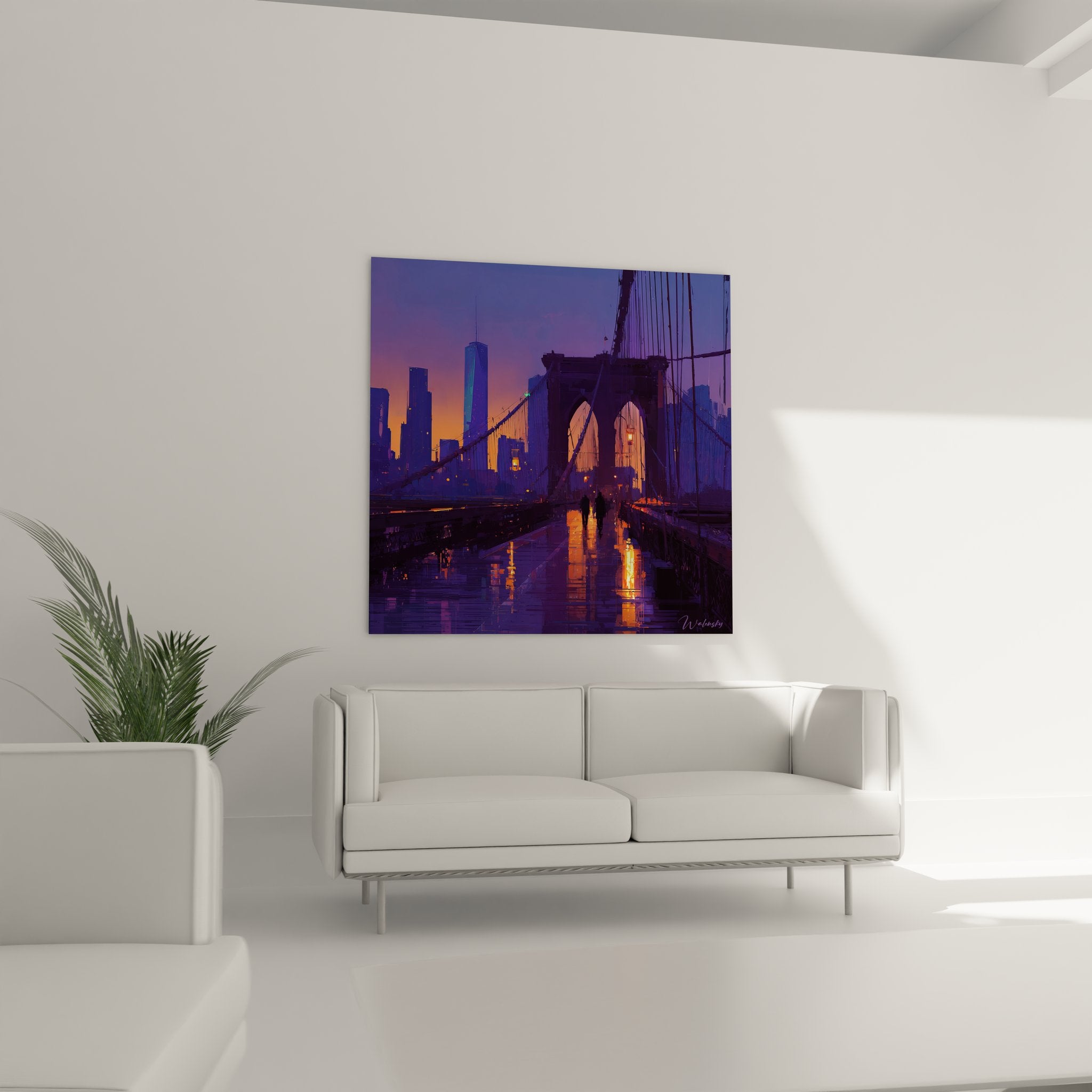 Détail tableau pont Brooklyn câbles suspension reflets eau art urbain contemporain