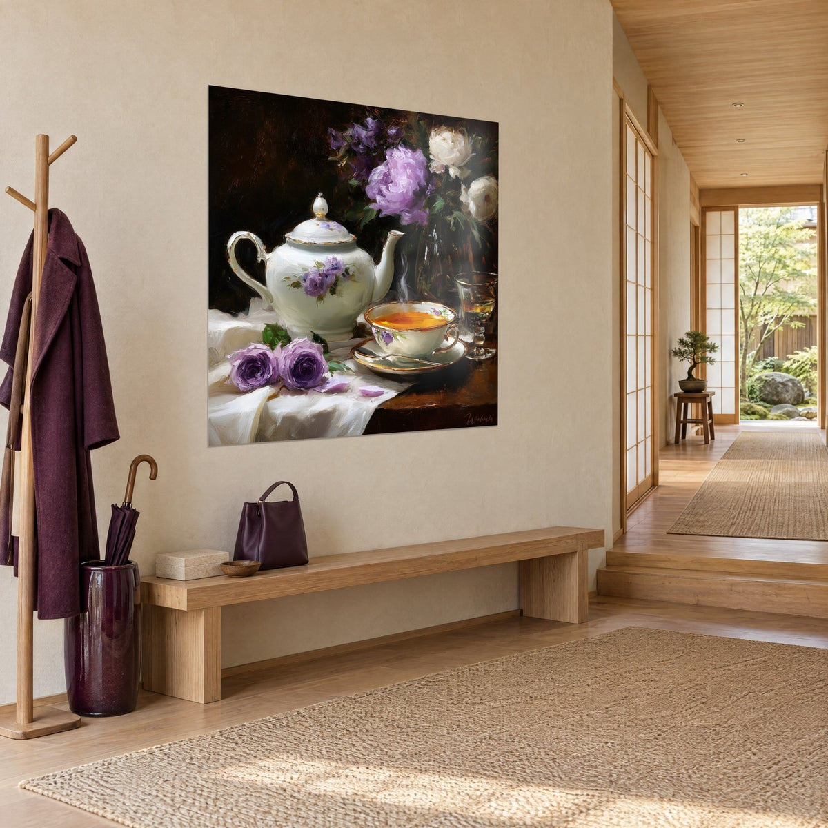 Gemälde Stillleben mit bernsteinfarbener Teetasse, violetten Rosen auf elfenbeinfarbener Tischdecke, Dreiviertelansicht im japandi Flur