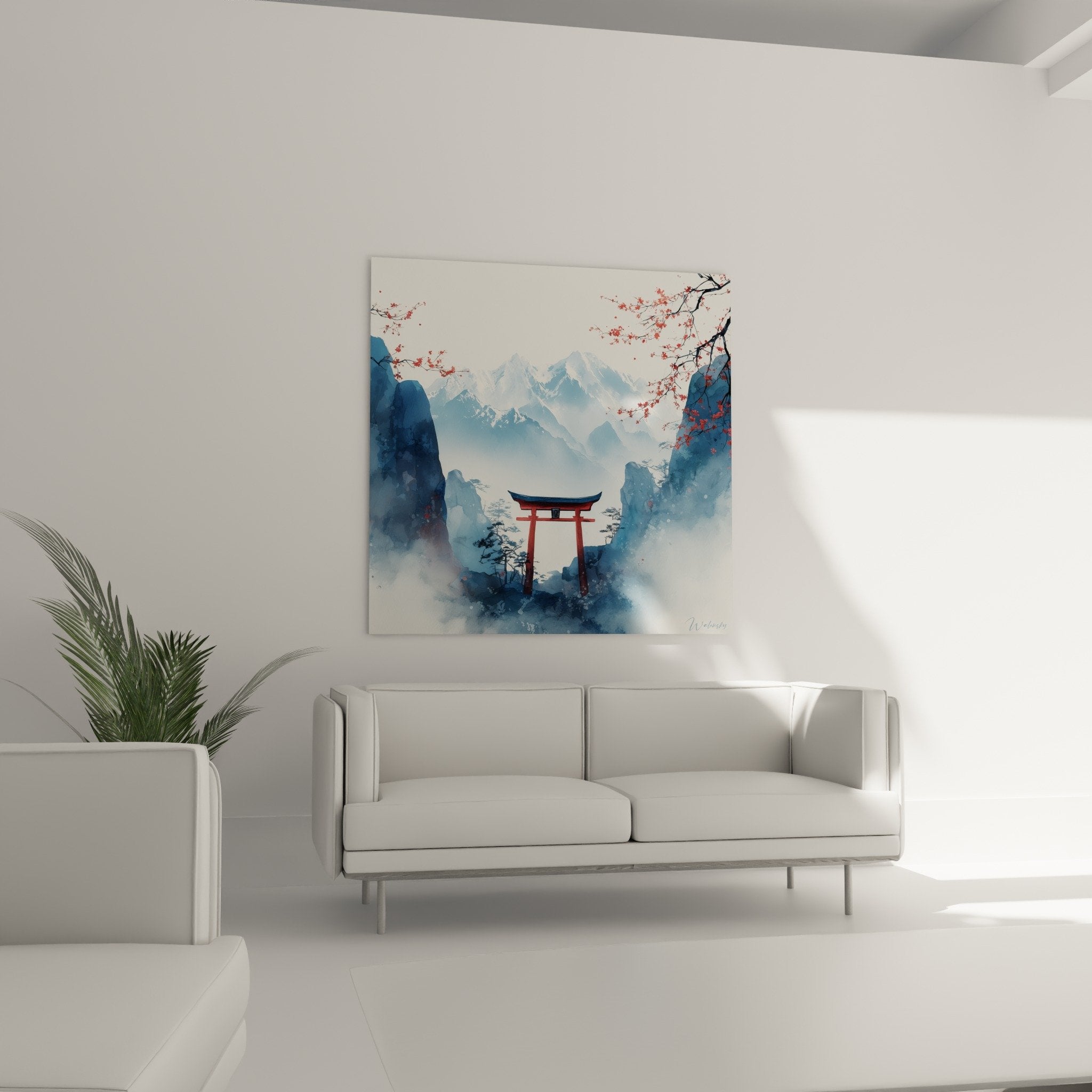 Détail portique rouge vermillon et brume bleue dans paysage montagneux japonais aquarelle