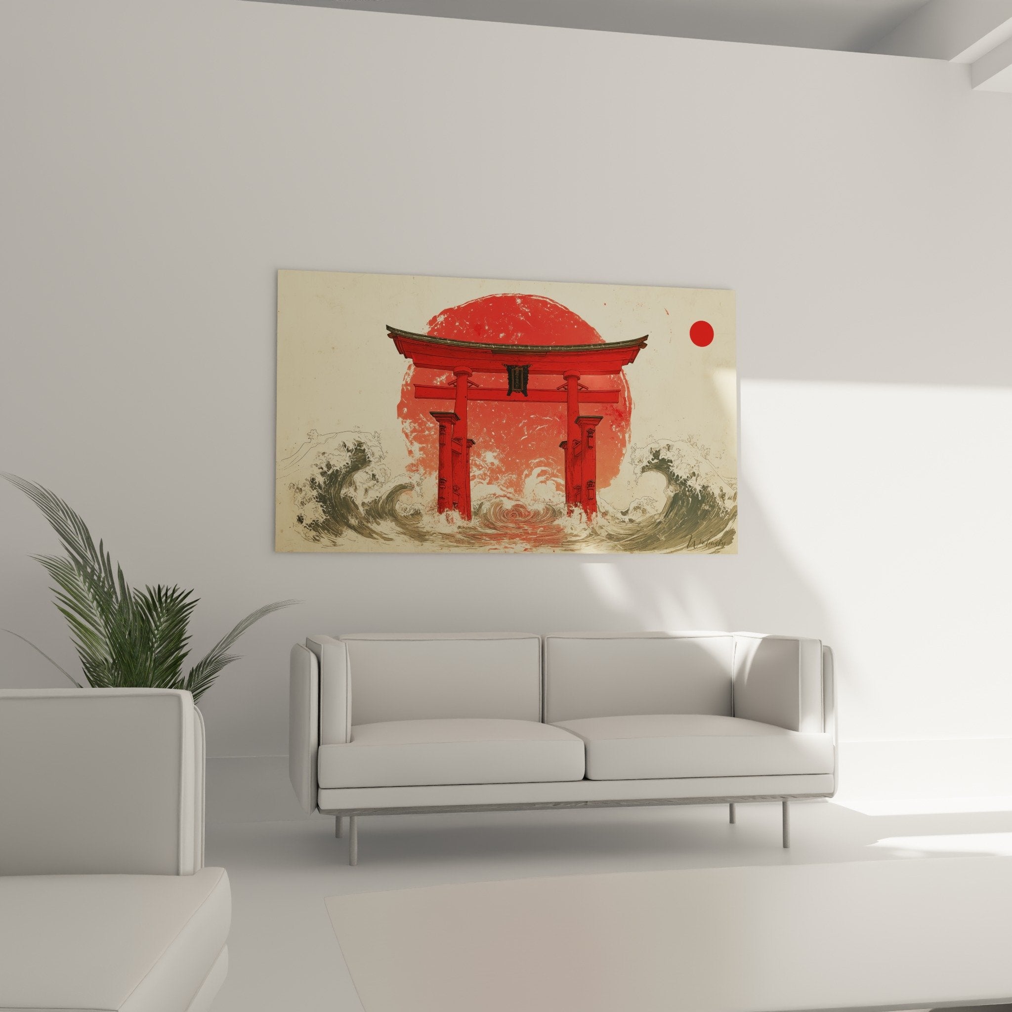 Détail du portique vermillon et des vagues tourbillonnantes dans le style des estampes japonaises traditionnelles