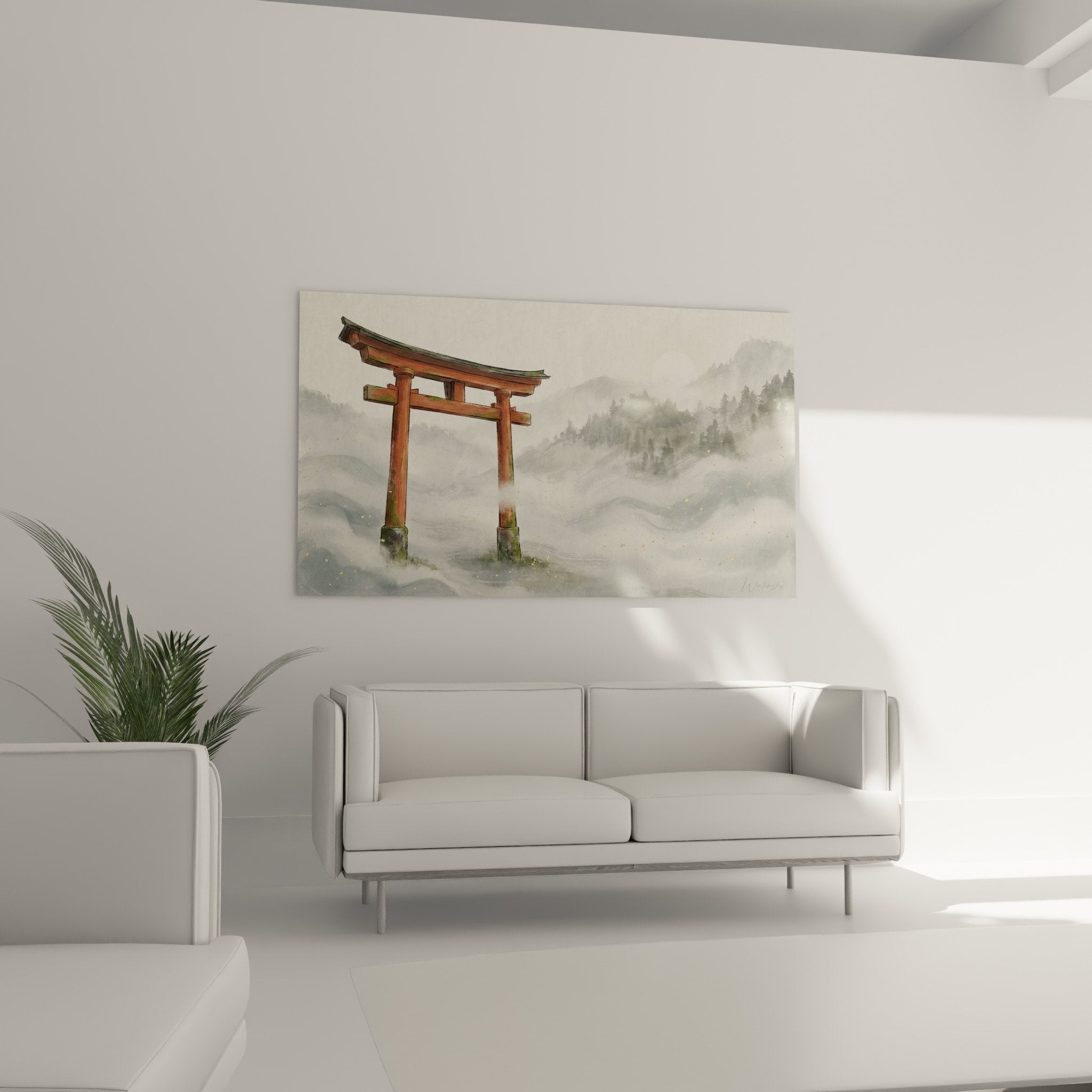 detail portique vermillon temple bouddhiste technique aquarelle brumes montagnardes spiritualite