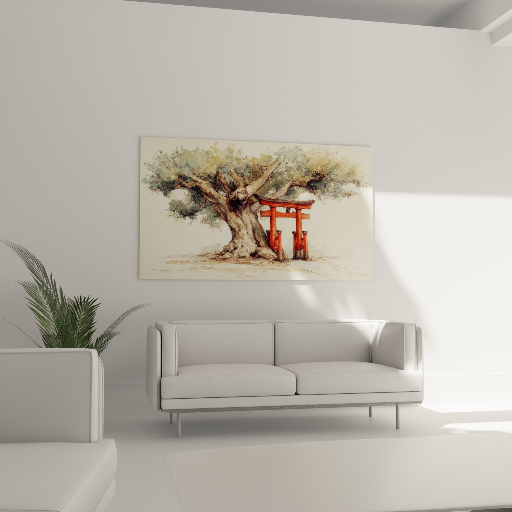 Détail aquarelle portique vermillon racines noueuses technique floue peinture japonaise traditionnelle