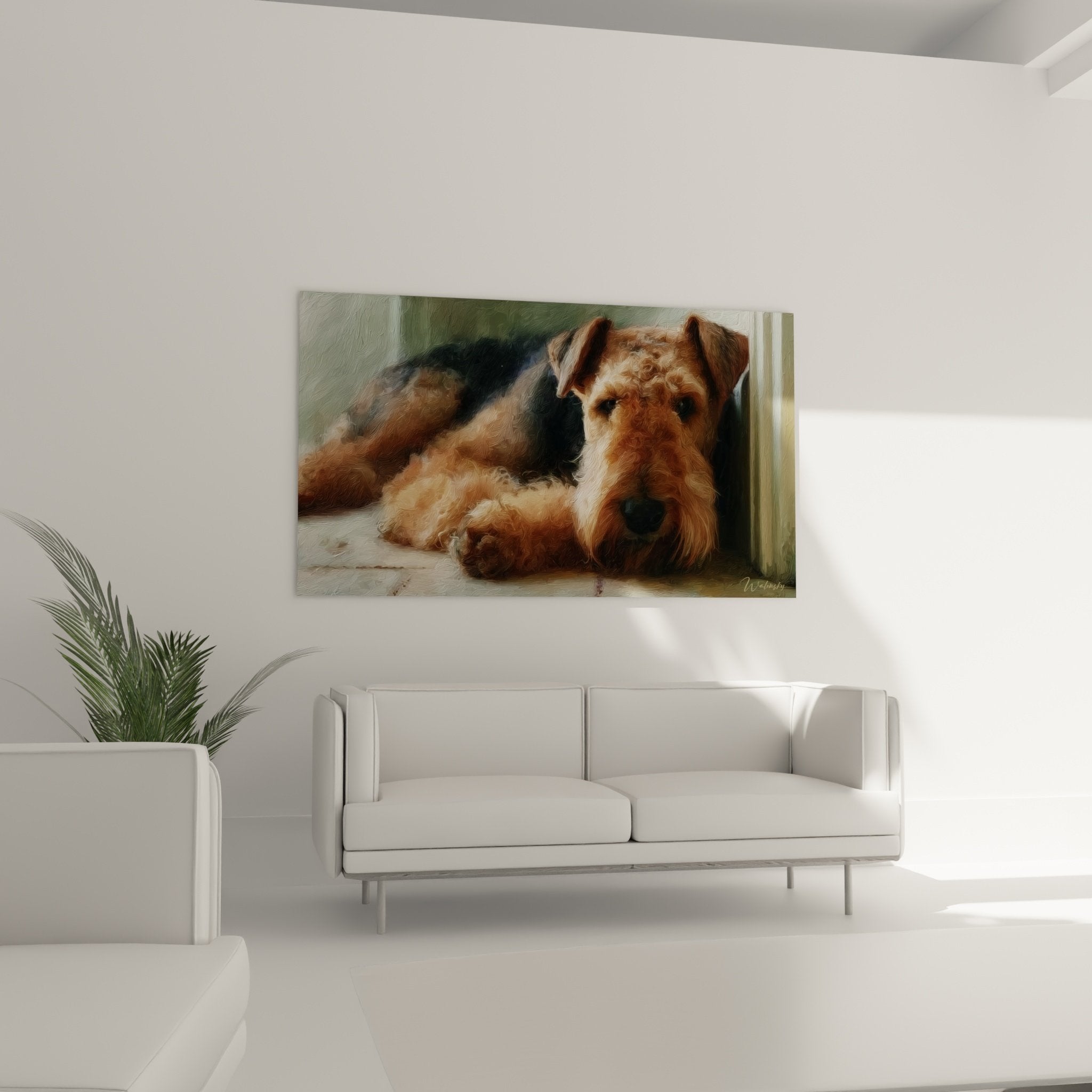 Détail portrait Airedale Terrier pelage fauve texture picturale coups pinceau regard mélancolique