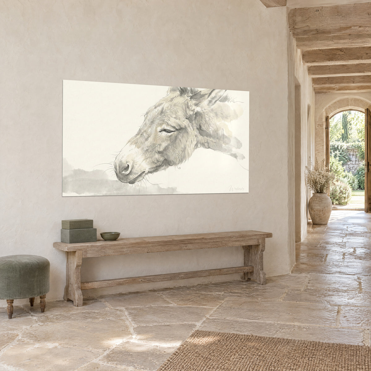 Wall art sleeping donkey head in grey ink and pale ochre, outstretched muzzle, wooden bench and stone flooring, entrance of a country house