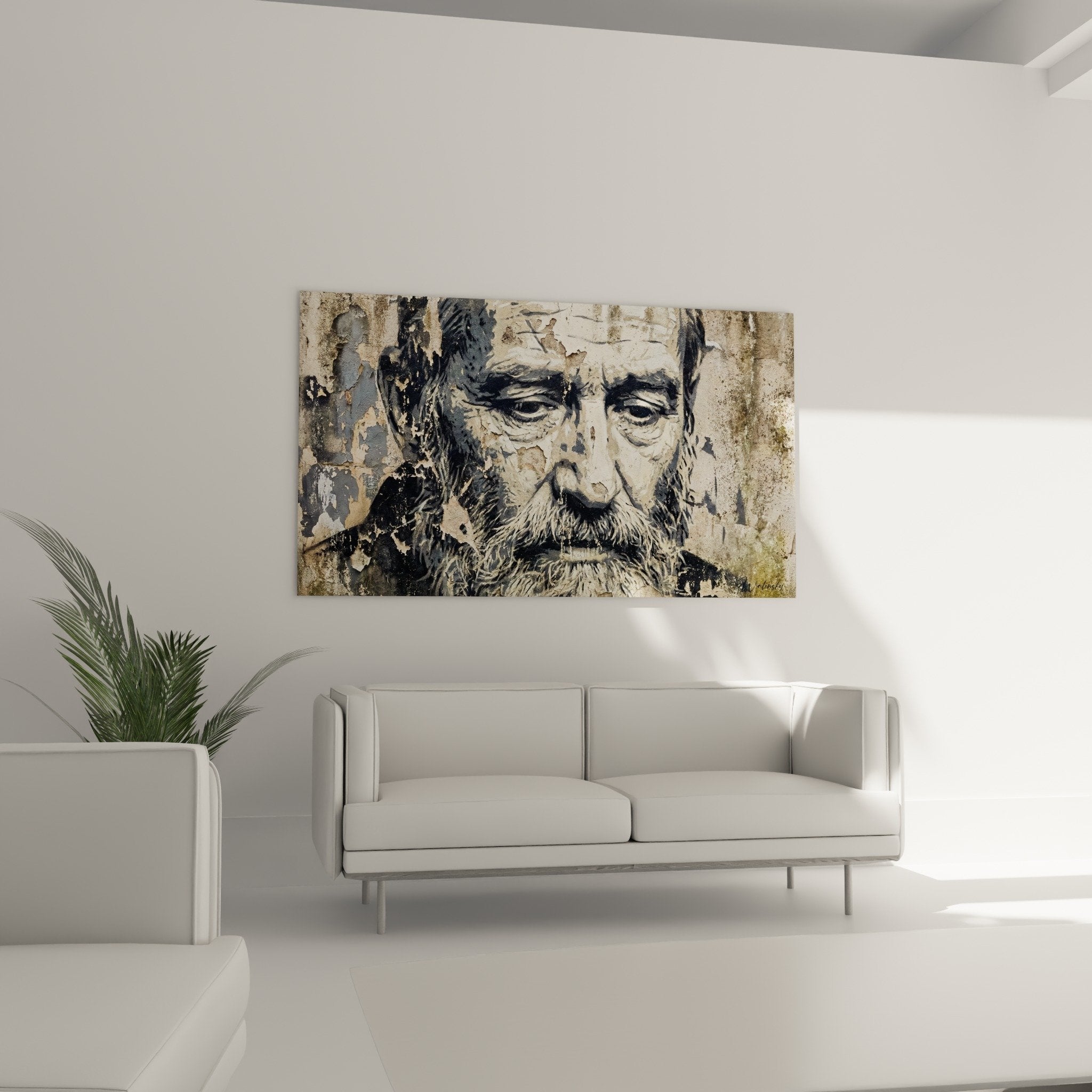 Detail portrait homme barbu street art, textures ecaillees beiges grises, regard intense et expression contemplative