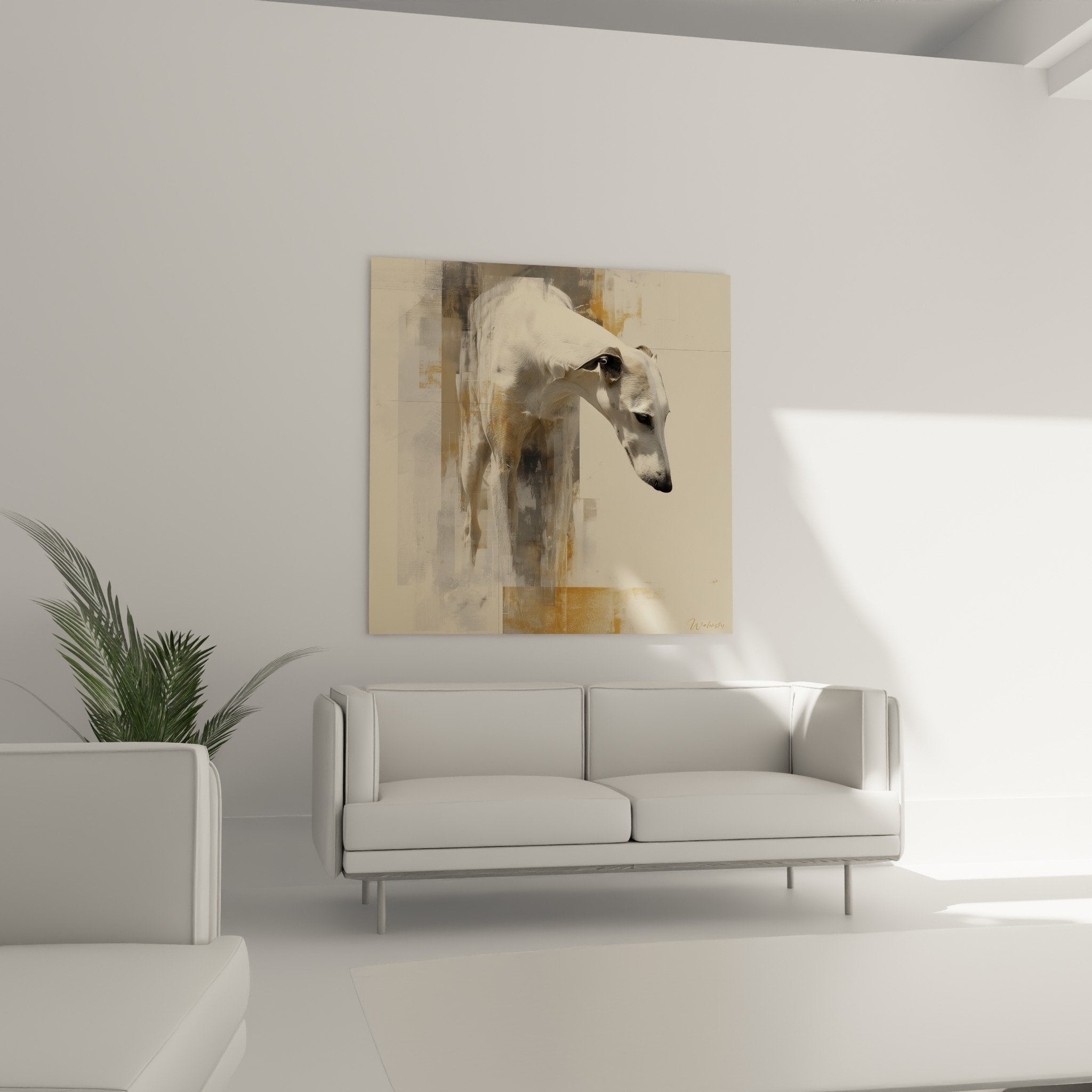 Détail du portrait de Barzoi blanc montrant la finesse du museau et les textures artistiques abstraites