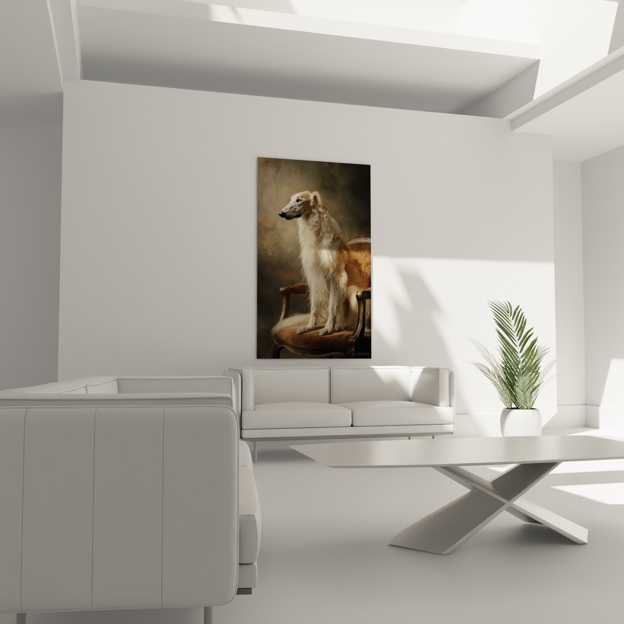 Détail du portrait Barzoi montrant la finesse du pelage blanc et l'expression noble