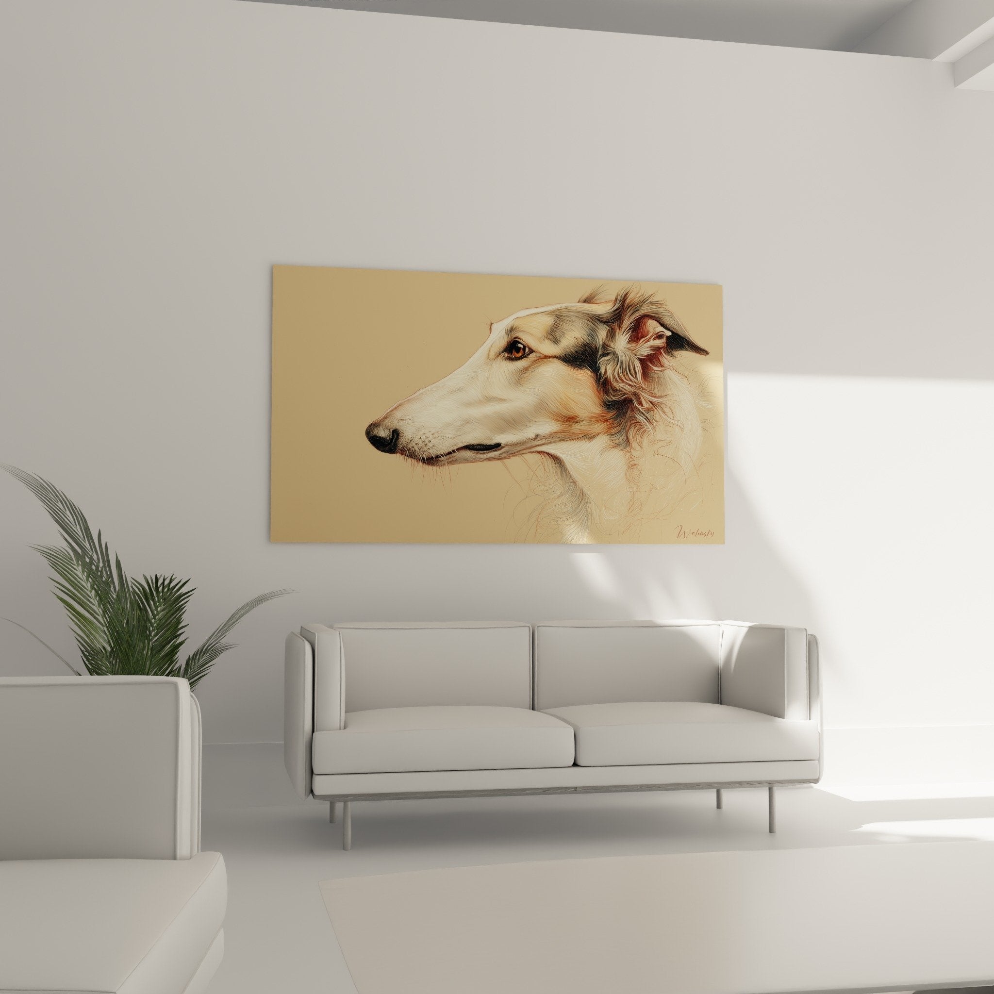 Détail portrait Barzoi tons dorés, regard noble lévrier russe, technique artistique réaliste nuances beiges