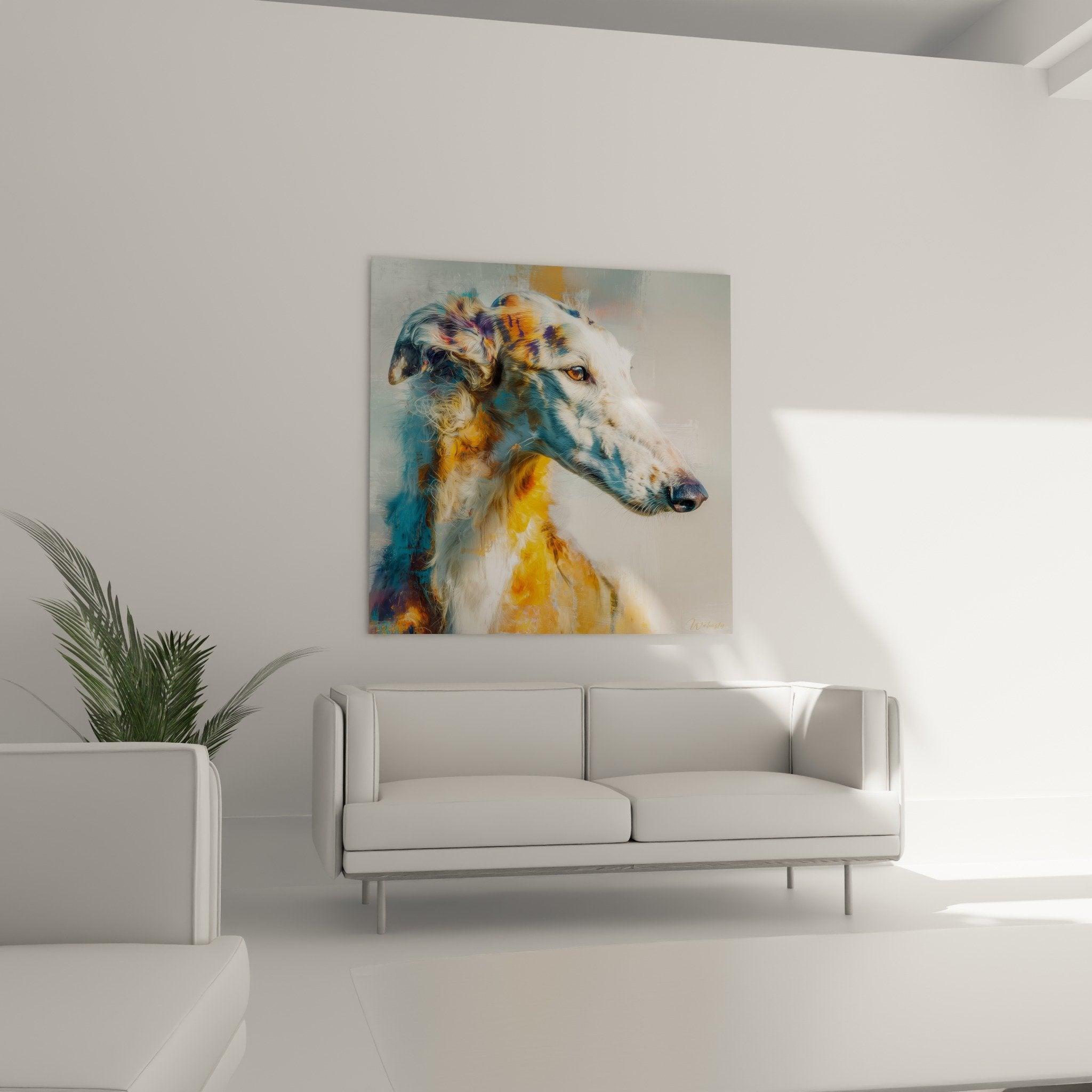 Détail du portrait Barzoi montrant les textures impressionnistes dorées et l'œil ambré expressif du lévrier