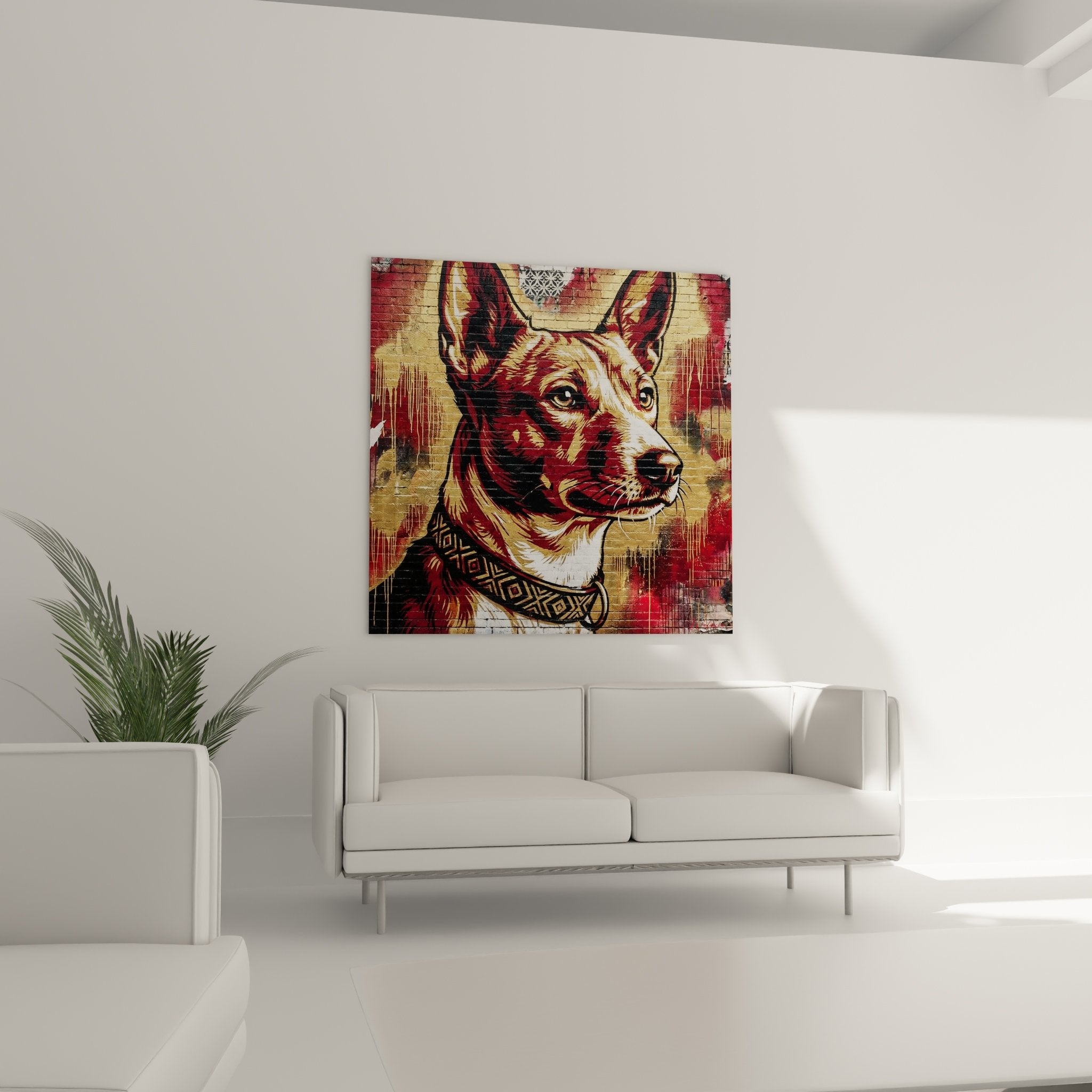 Basenji portrait detail with golden eyes and geometric patterned collar, artistic wall painting