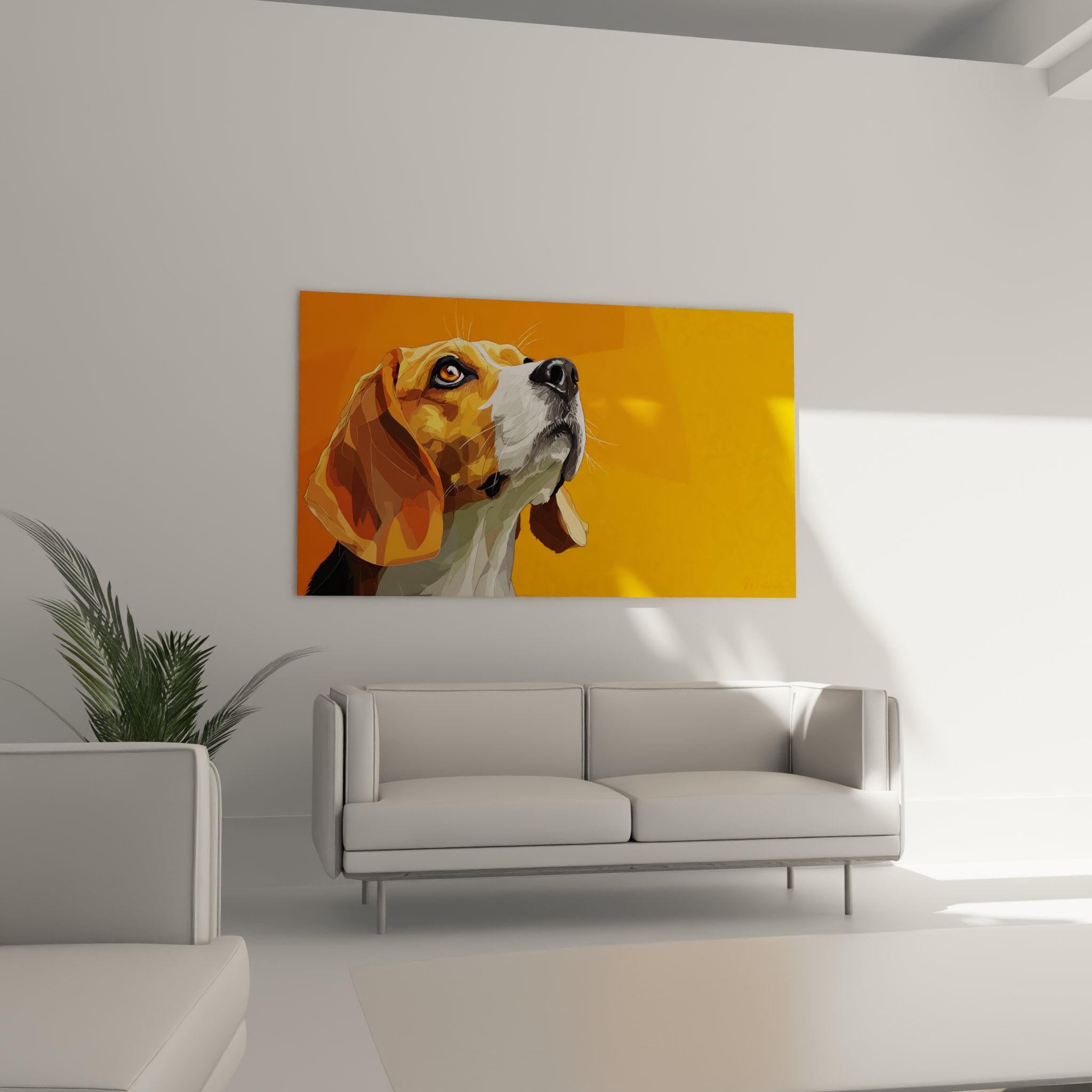 Detail portrait beagle yeux ambre pelage tricolore fond orange technique artistique moderne
