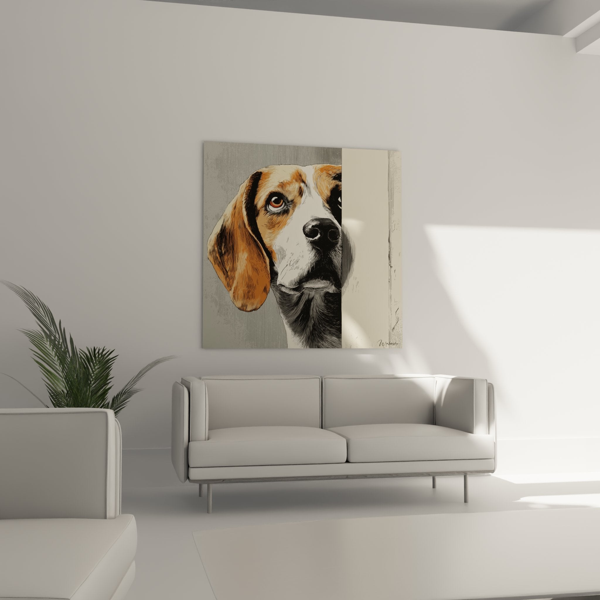 Detailporträt Beagle mit bernsteinfarbenen Augen, Schraffurtechnik, rostbraunes Fell, Creme, verfeinerte grafische Qualität