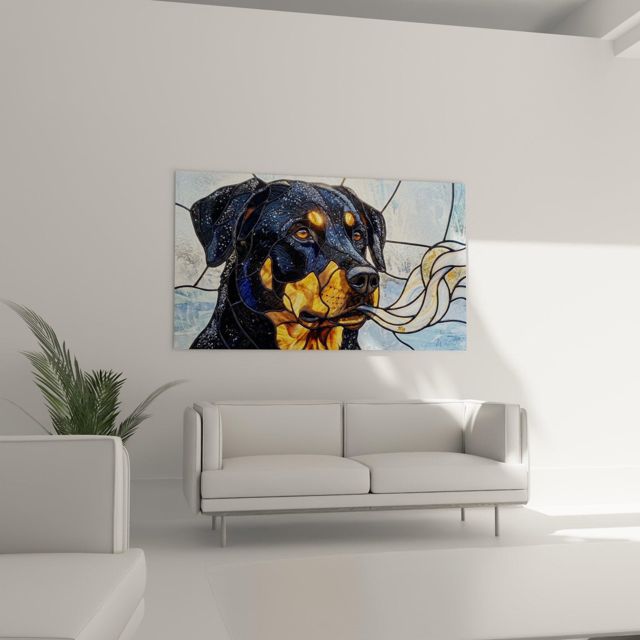 Détail rapproché portrait Beauceron montrant technique vitrail, reflets dorés du museau et regard intense ambré