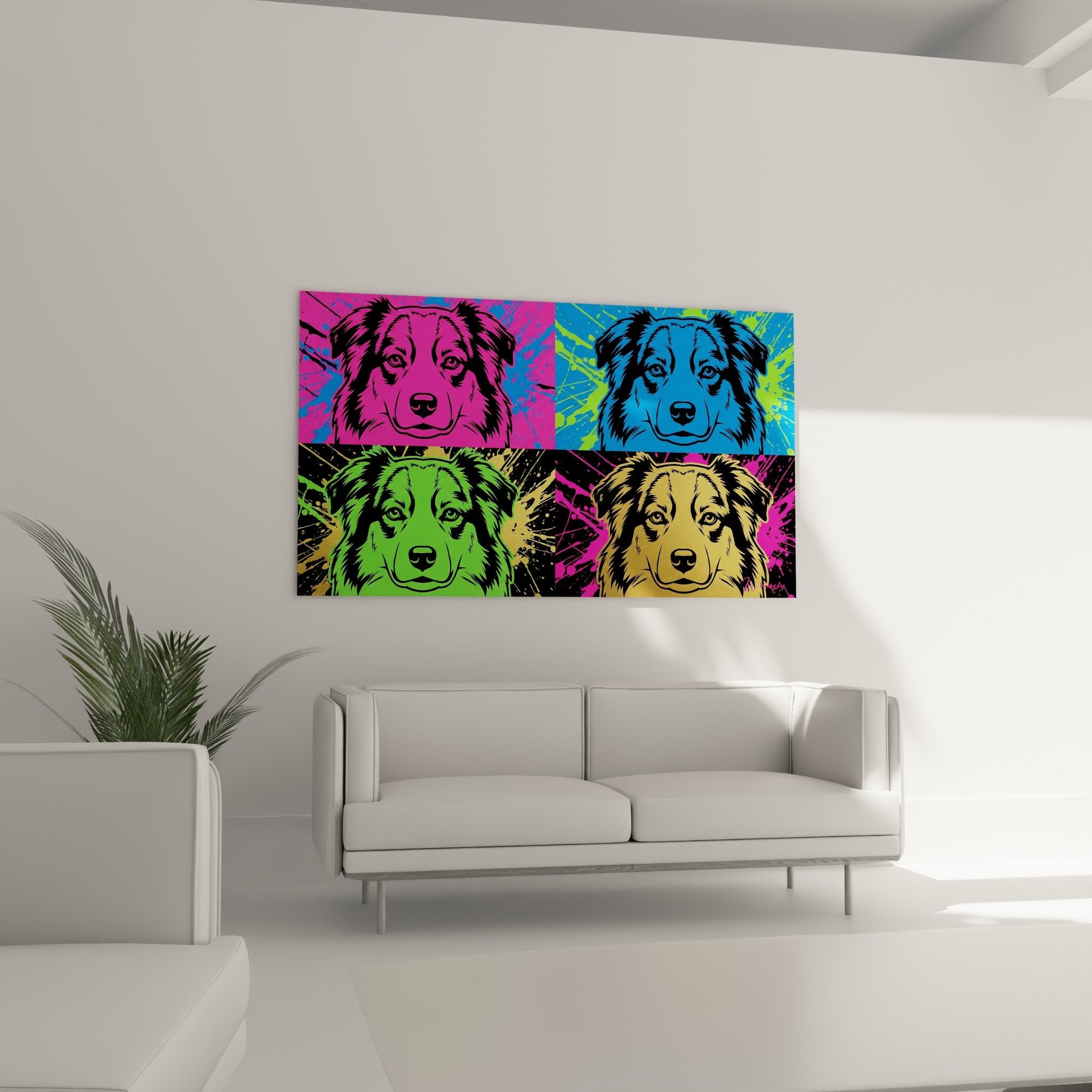 Miniature American Shepherd pop art portrait detail pink fuchsia blue projections urban style