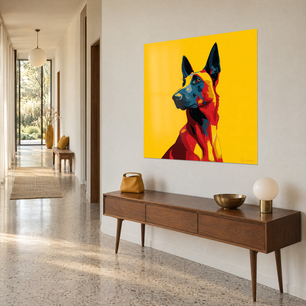 Schilderij gestileerde Mechelse herder in rode en zwarte pop-art vlakken, oren rechtop op zonnig geel, gang met beige muren