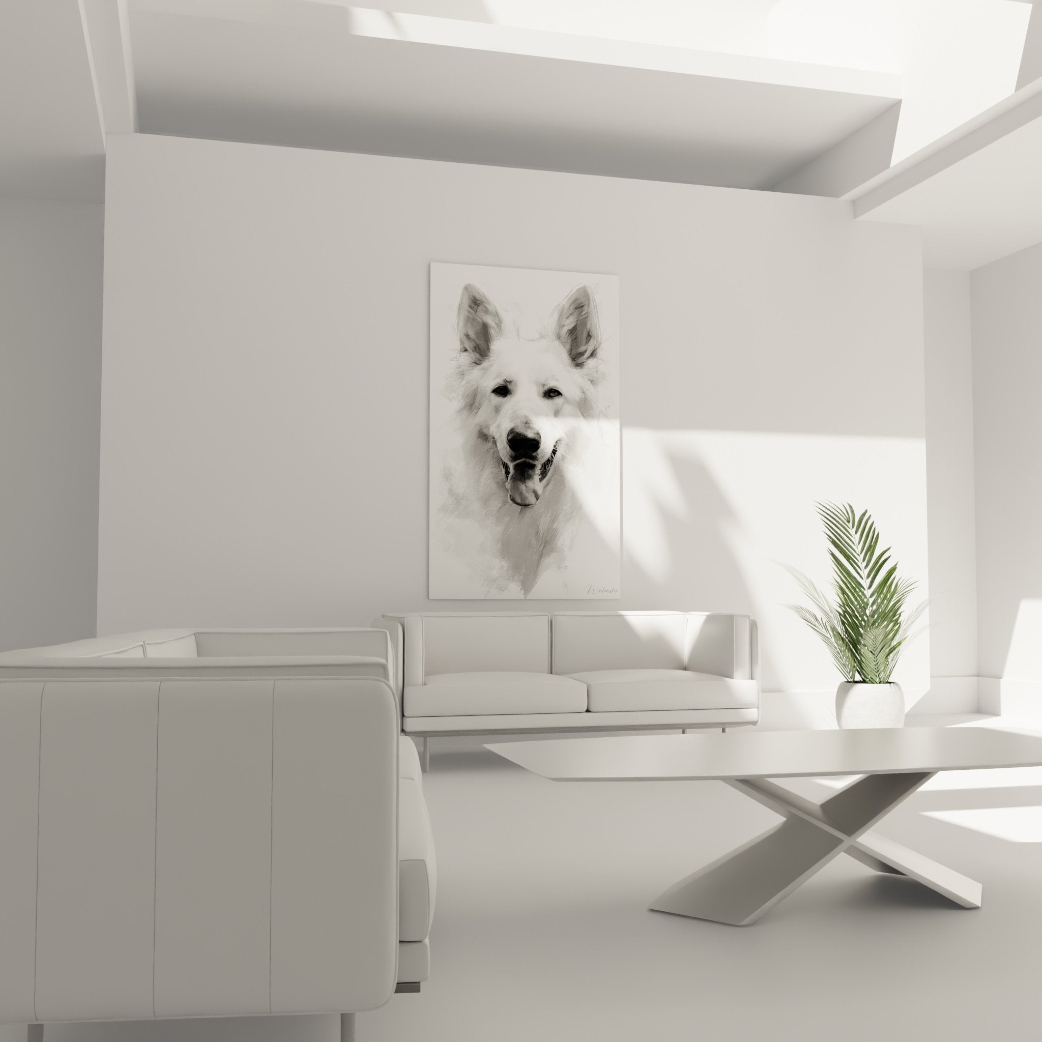 Gros plan portrait Berger Blanc Suisse technique dessin ombres grises detailles
