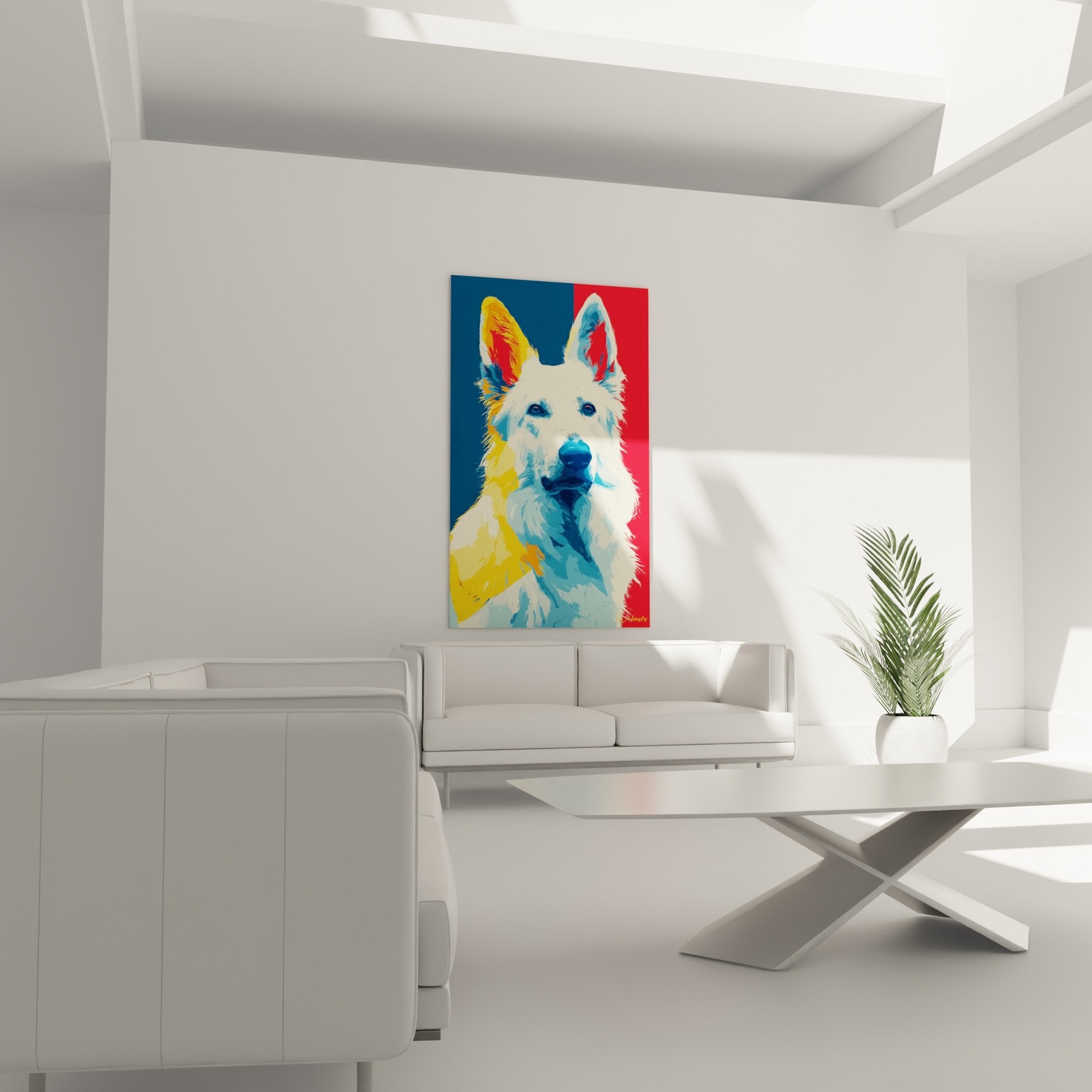 Gros plan détail portrait Berger Blanc Suisse peinture moderne couleurs expressives rouge bleu technique picturale