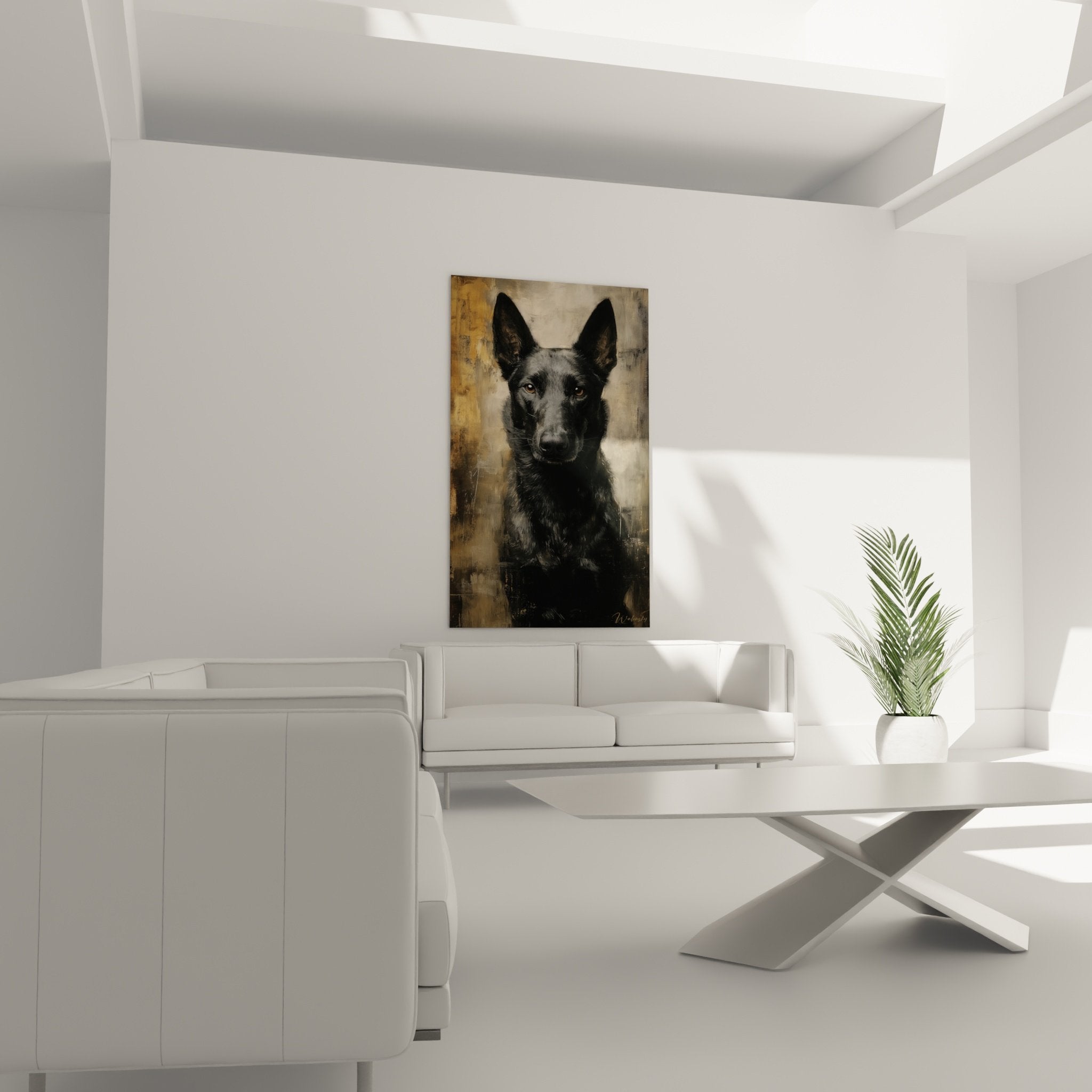 Dettaglio ritratto Pastore Belga Malinois mantello nero occhi dorati espressione intensa tecnica pittorica realistica