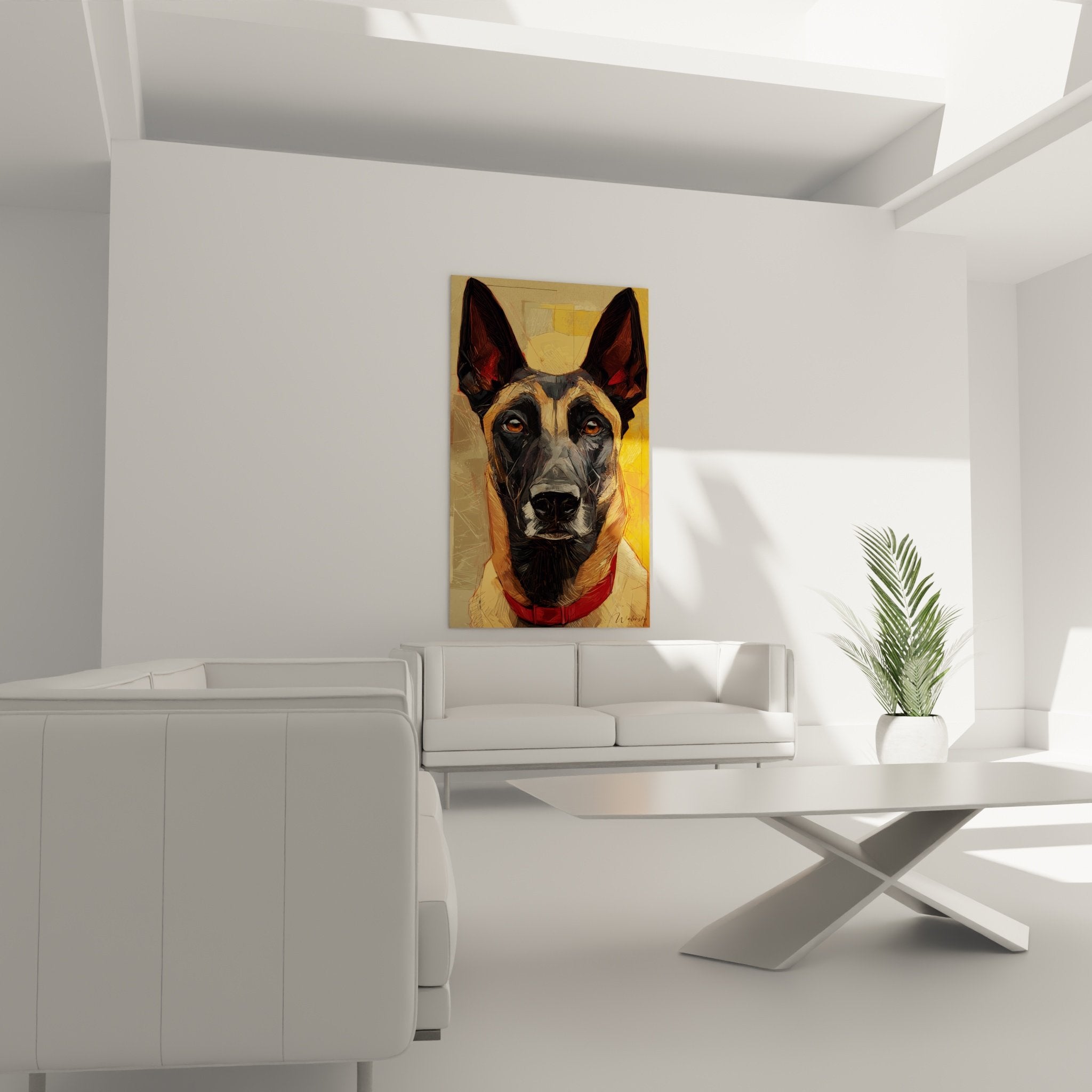 Primo piano ritratto pastore belga occhi dorati tecnica pittorica moderna arte animalista