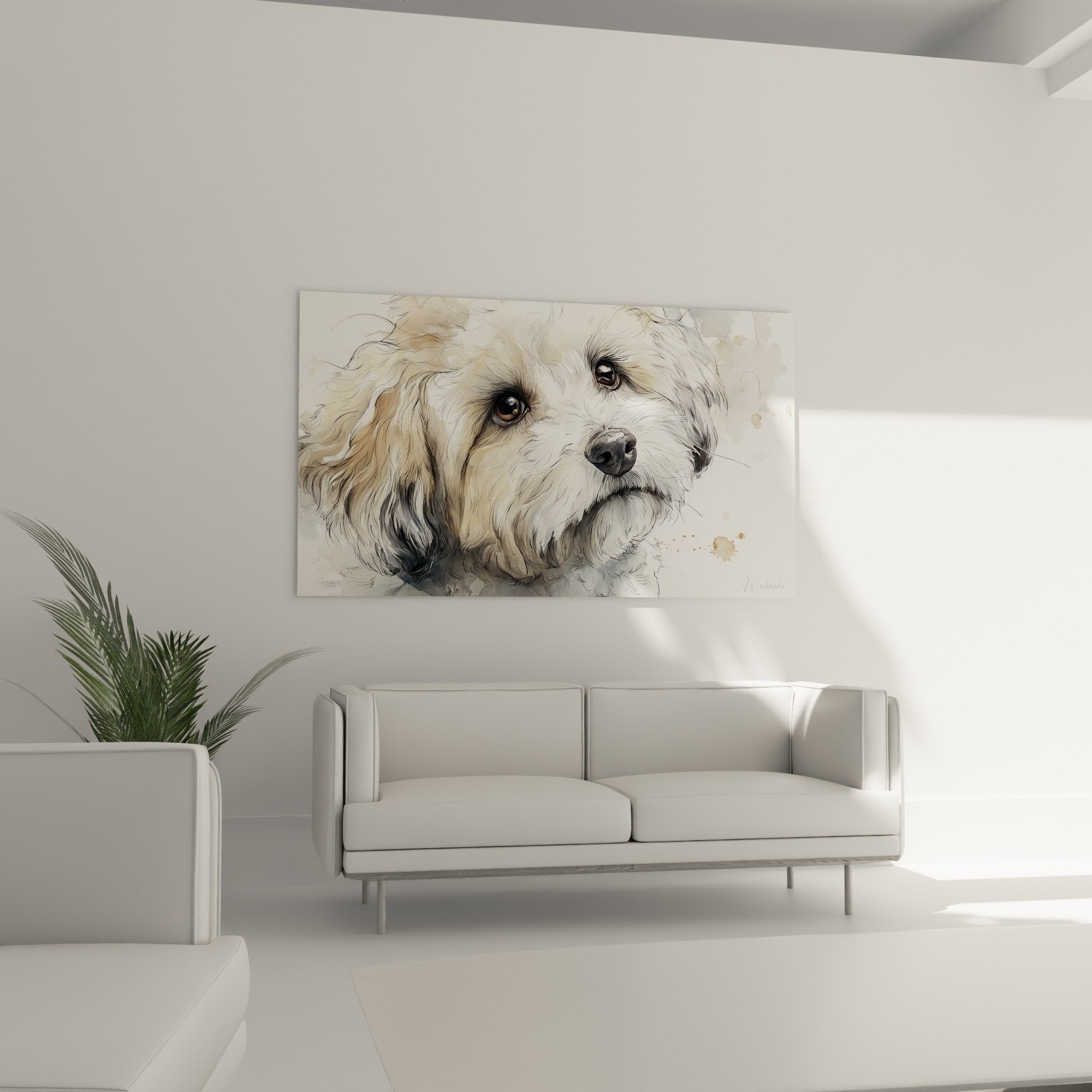 Detail portrait Bichon Havanais aquarelle pelage boucle texture realiste tons creme