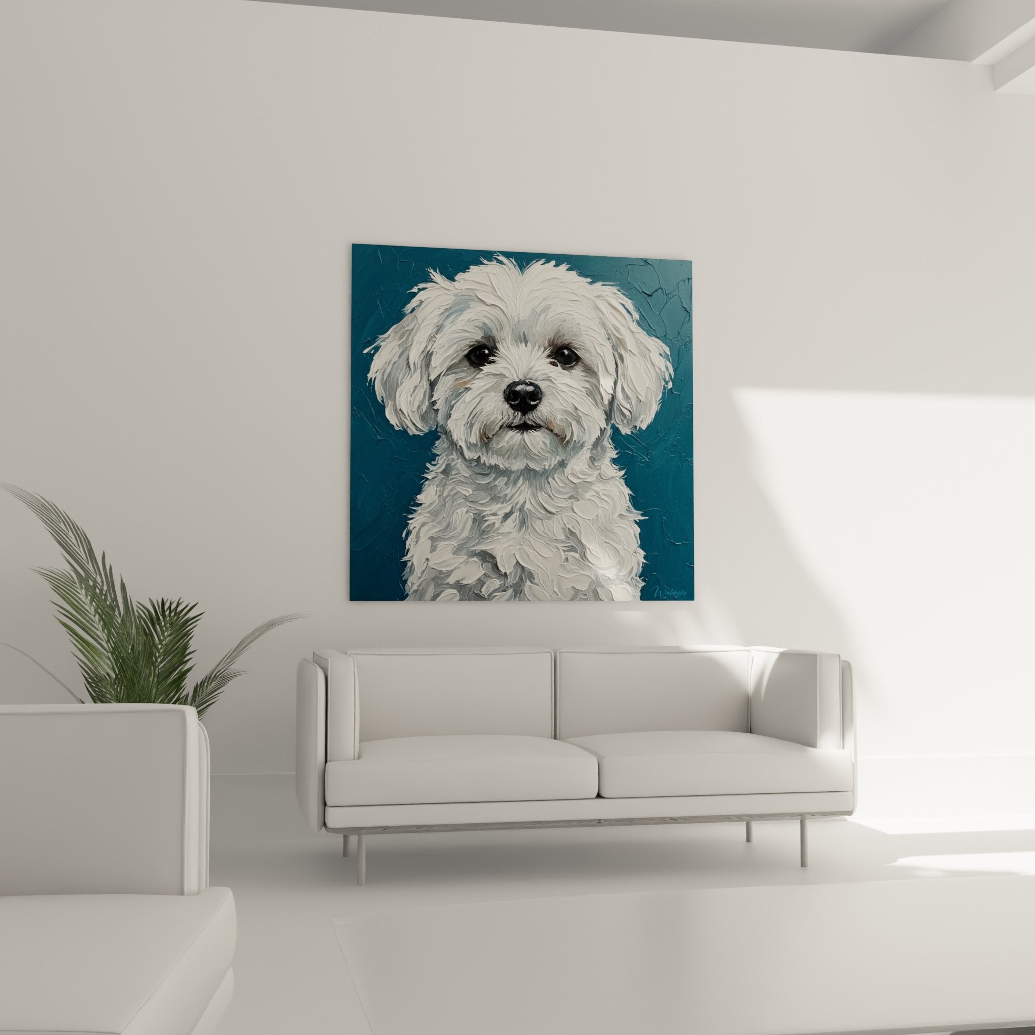 Maltese Bichon portrait detail white coat texture impasto paint expressive gaze black nose