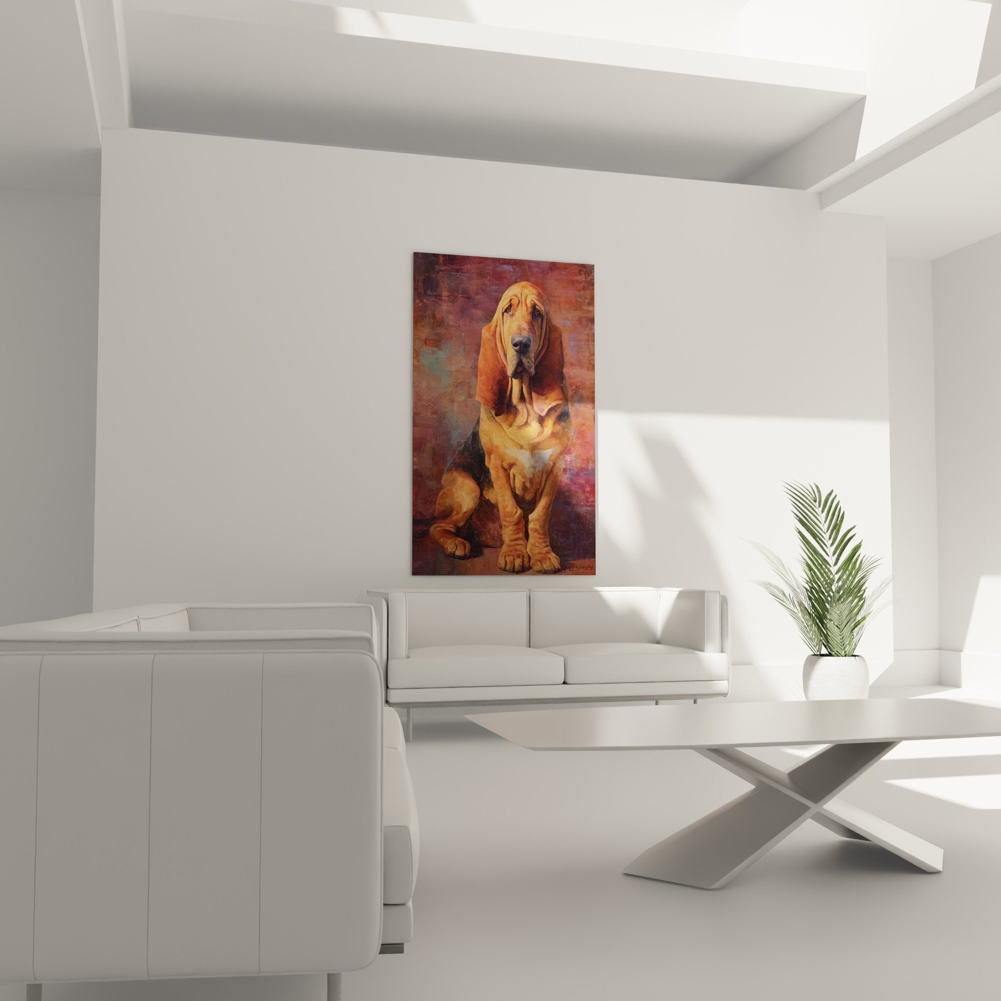 Detail portrait Bloodhound peinture texture artistique tons ocre expression douce