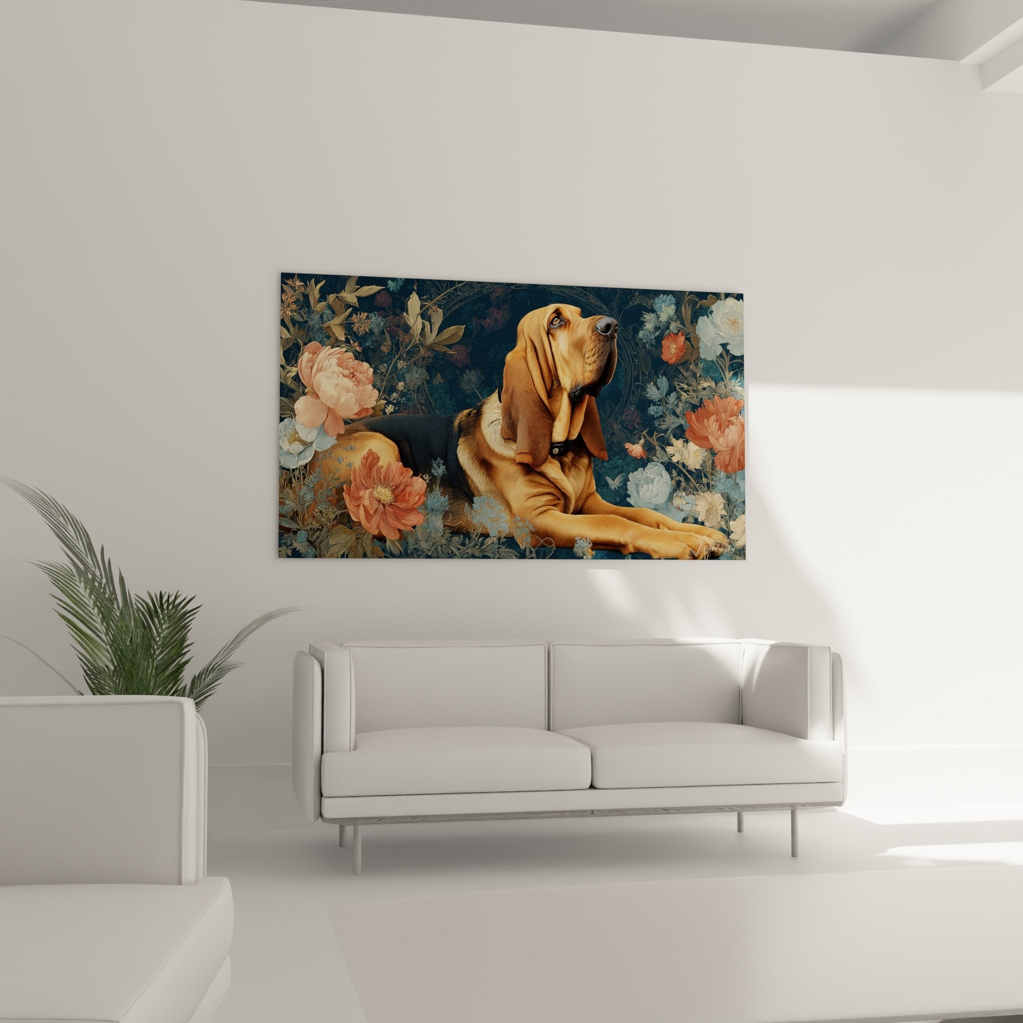Détail tableau Bloodhound portrait chien roux yeux expressifs fond fleuri vintage