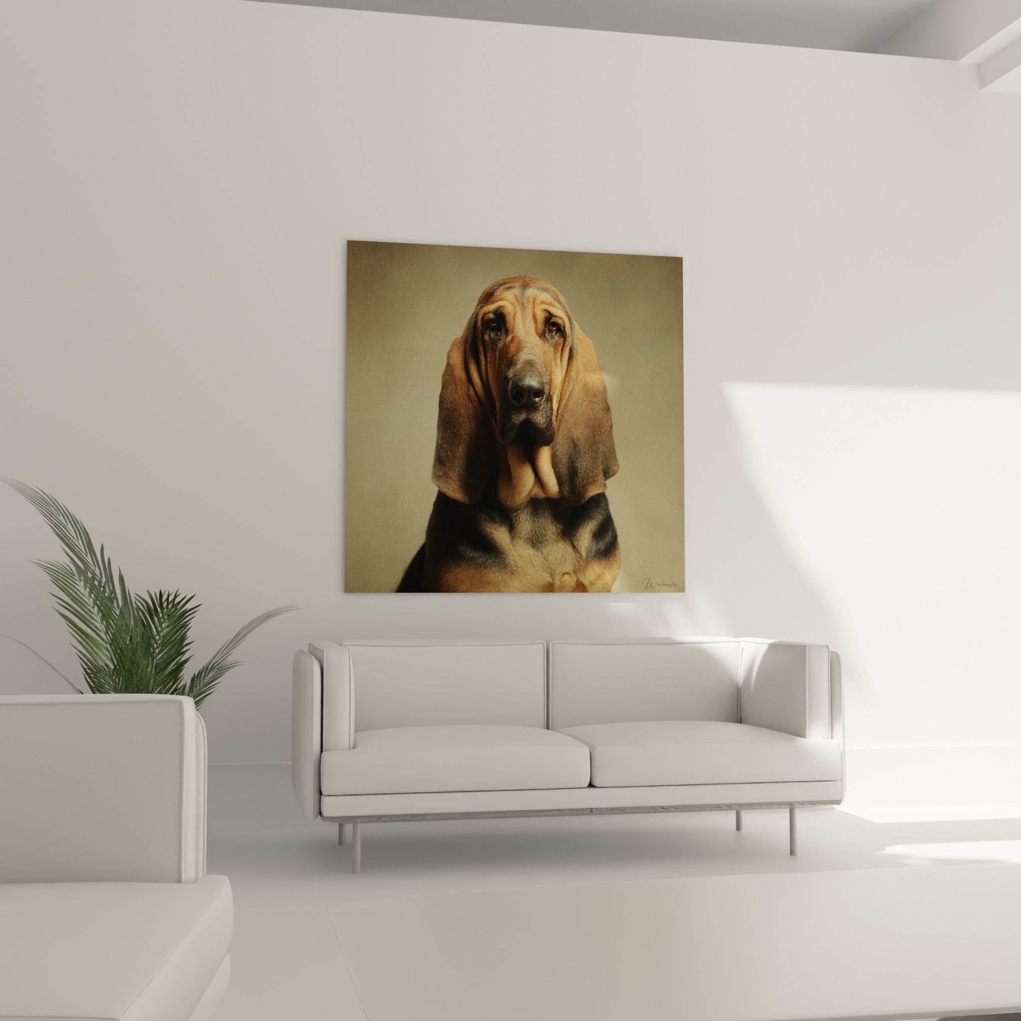 Bloodhound portrait detail with expressive eyes, ochre tan coat, realistic texture, long ears