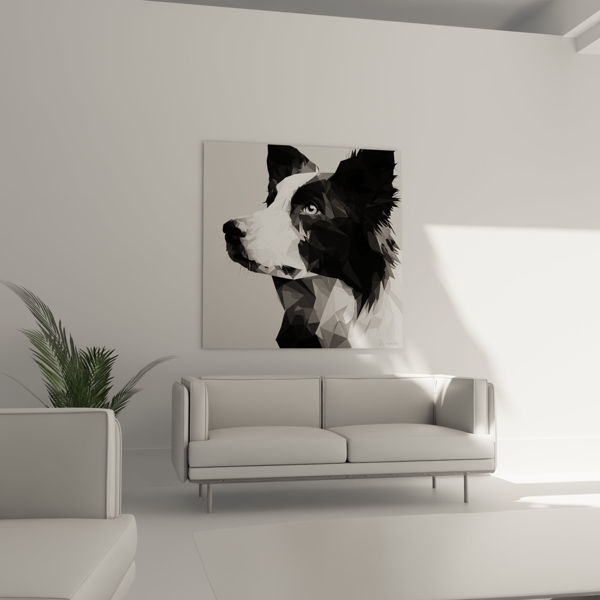 Detail portrait border collie polygonal noir blanc gris nuances geometriques