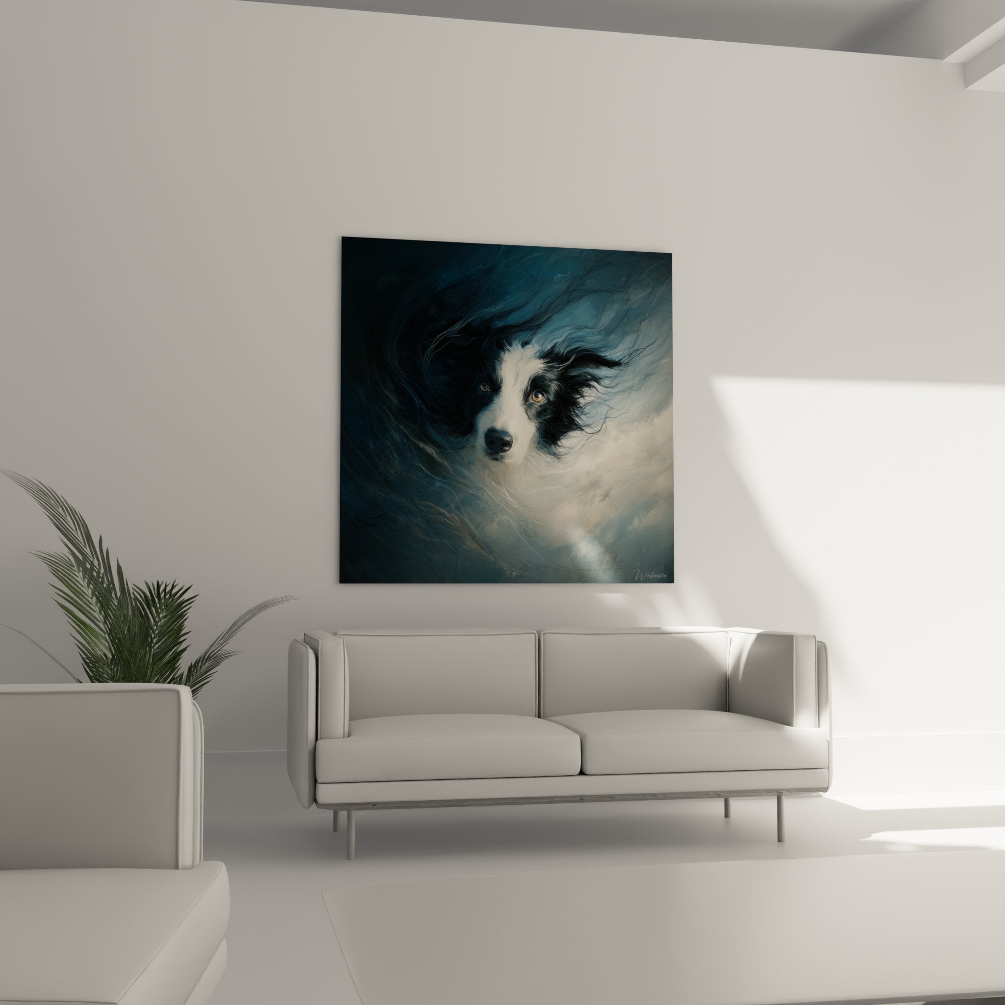 Détail portrait Border Collie pelage noir blanc yeux dorés effet artistique tourbillonnant nuances bleues