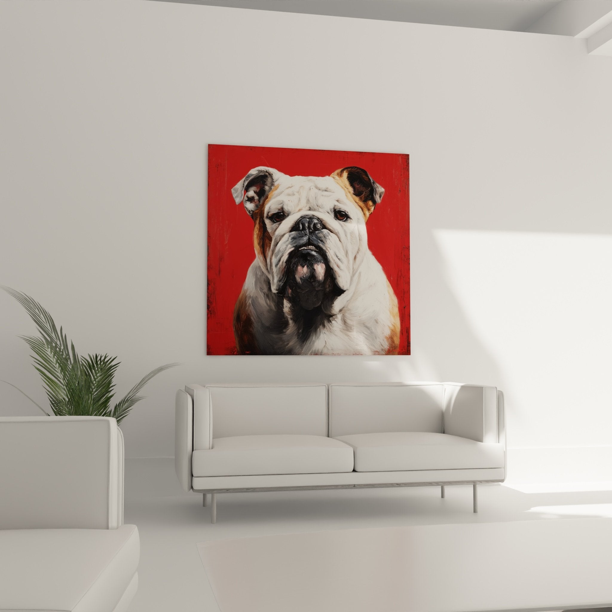 Détail portrait Bouledogue Anglais, technique picturale réaliste, museau noir et regard brun expressif sur rouge