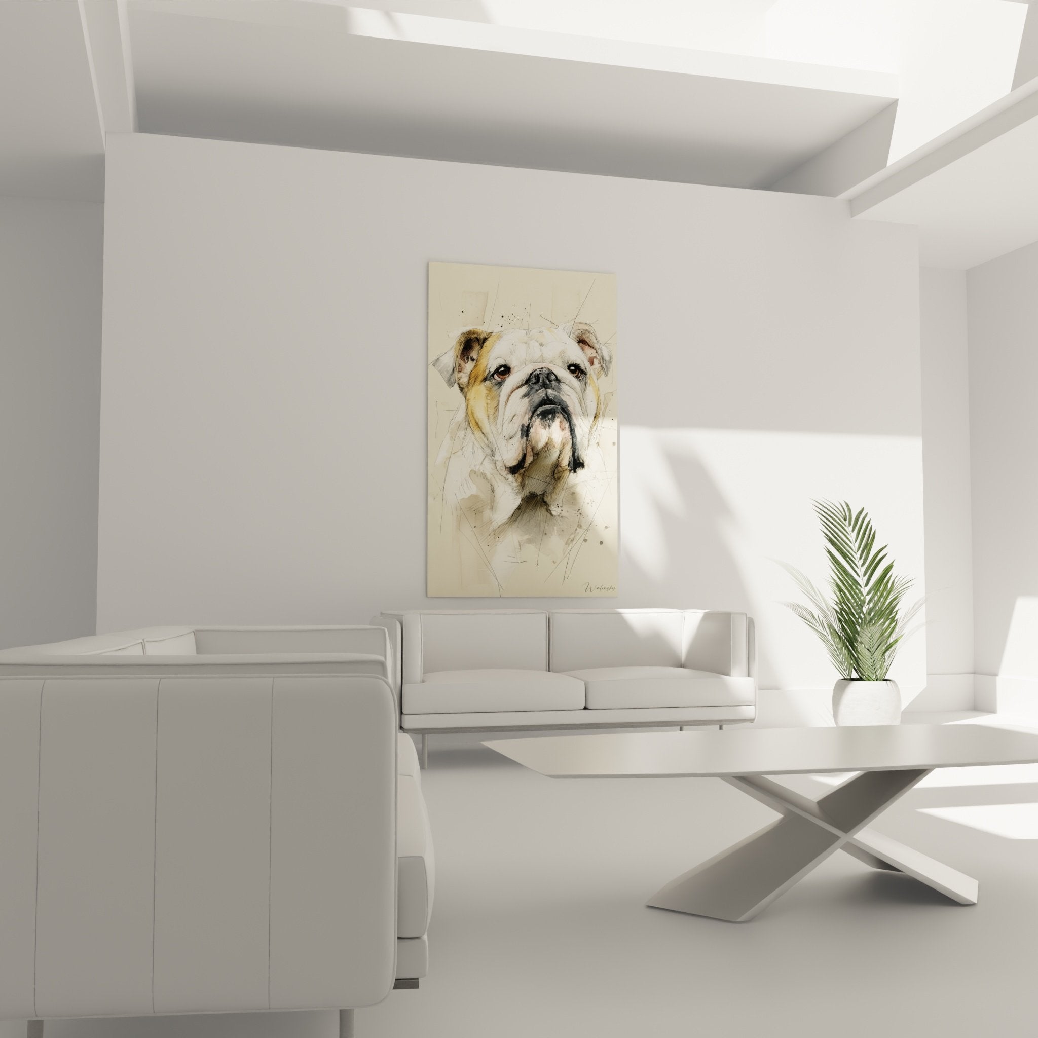 Detail portrait bouledogue anglais aquarelle crayon technique mixte yeux expressifs museau attendrissant