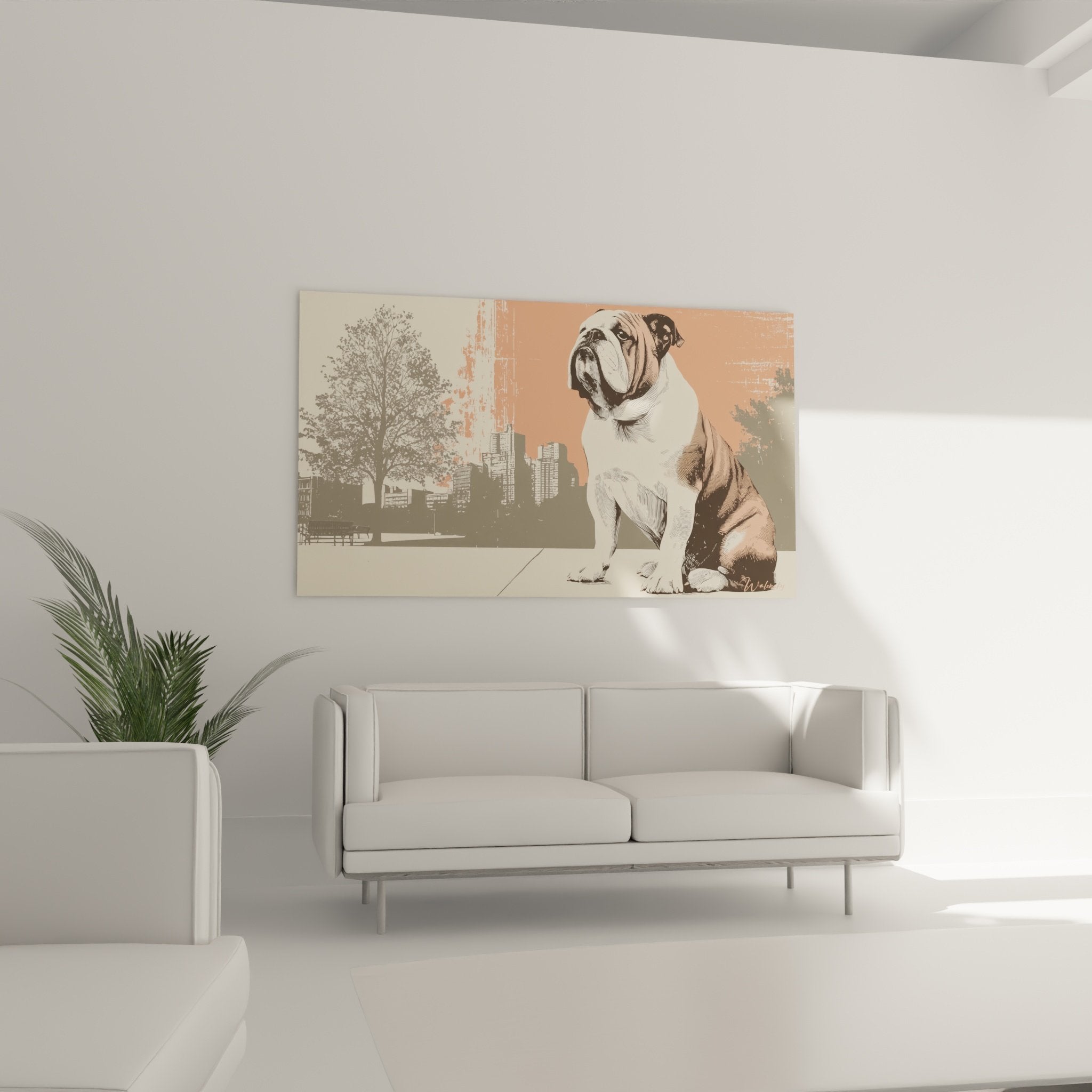 Detailporträt einer englischen Bulldogge mit feinen grafischen Linien auf strukturiertem Korallen- und Beigehintergrund