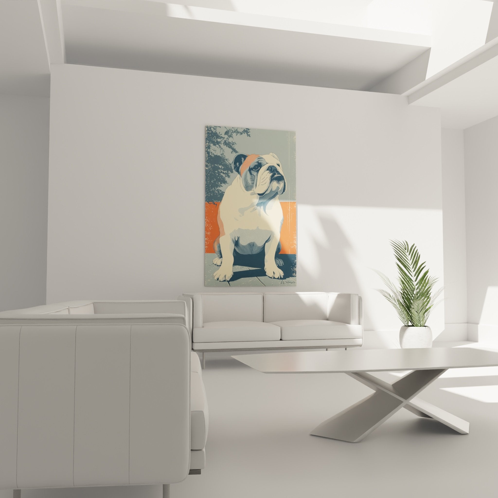 Detail portrait bouledogue technique hachures tons corail gris art graphique moderne