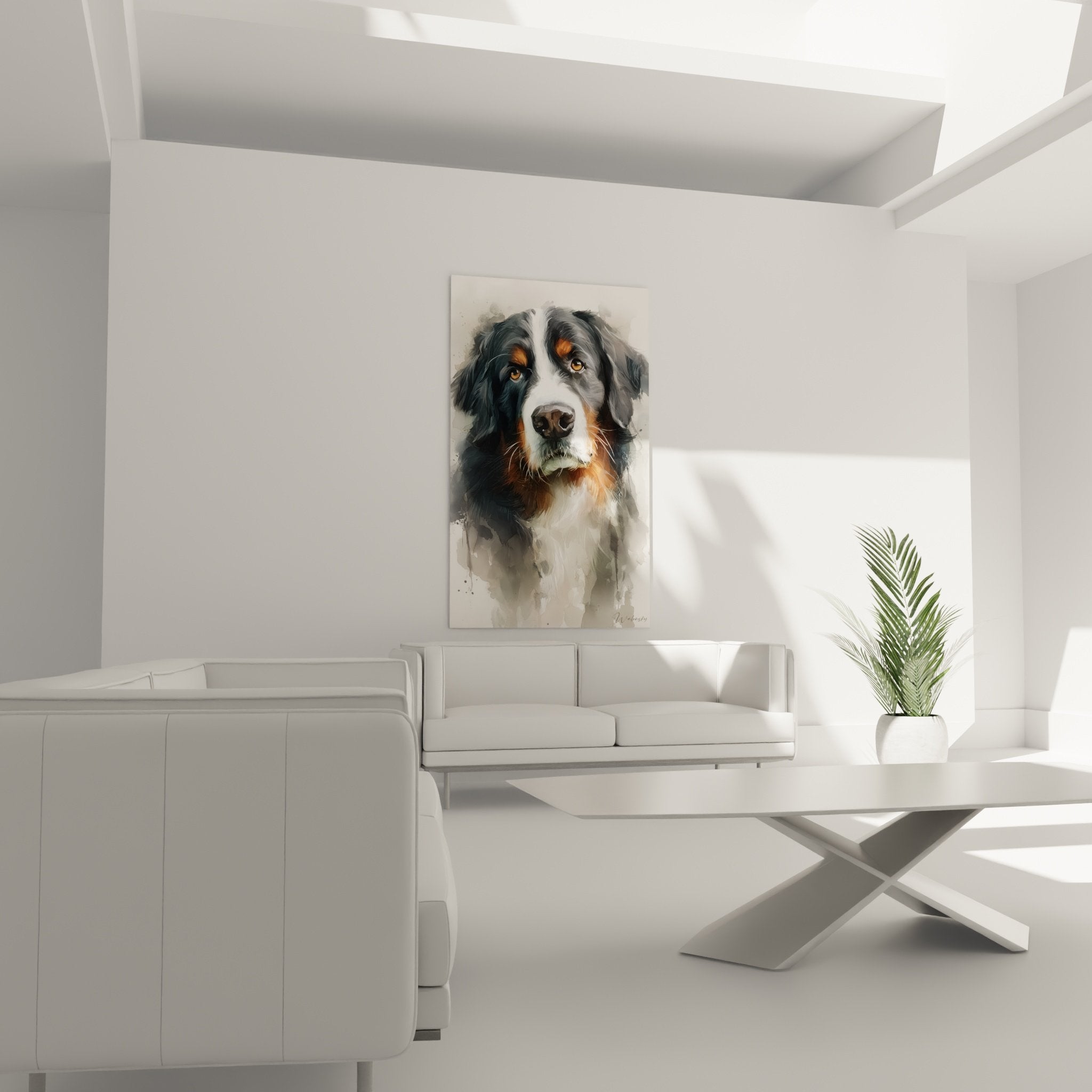 Close-up portrait Bernese Mountain Dog watercolor details coat amber eyes reddish facial markings