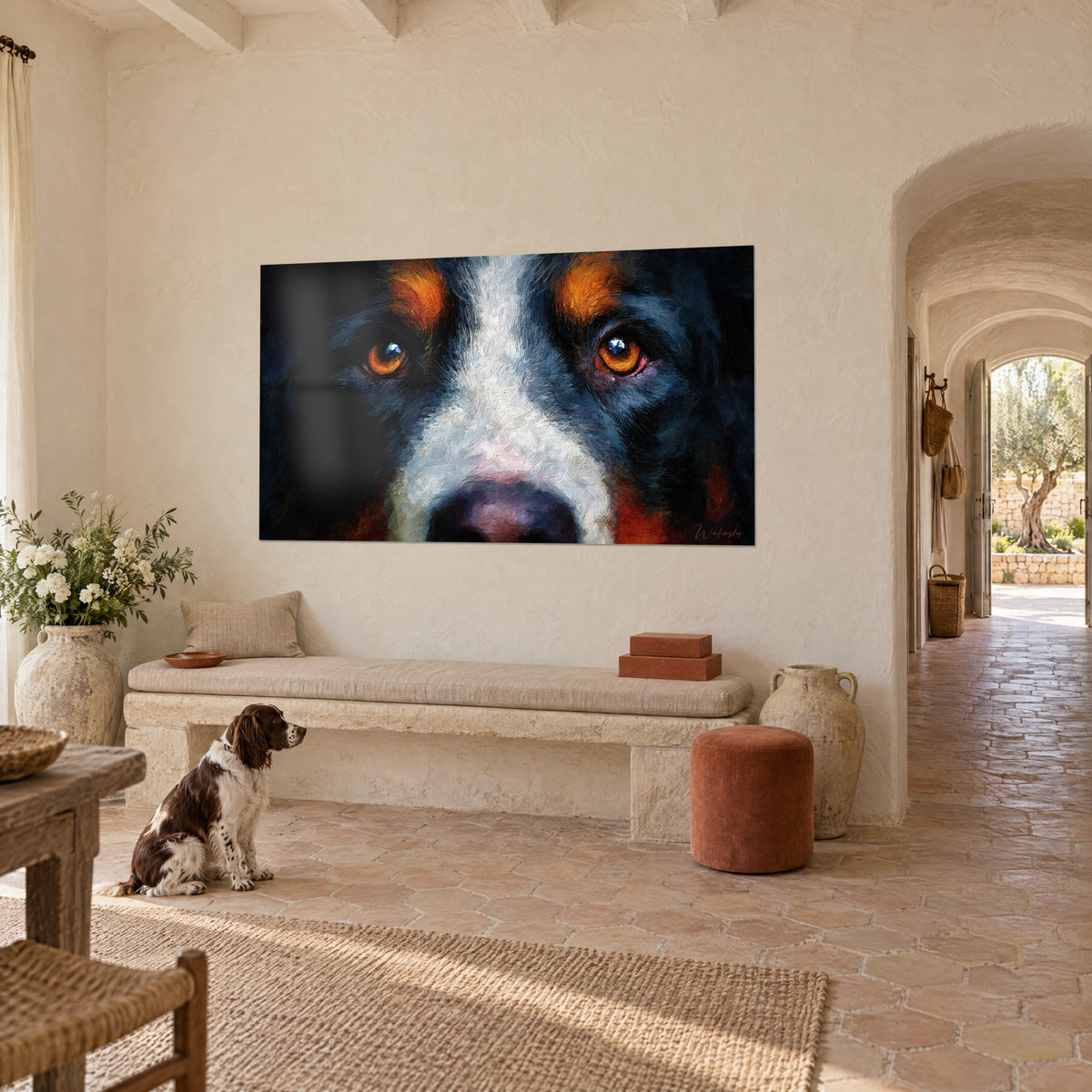 Πίνακας Bernese mountain dog με πορτοκαλί βλέμμα και λευκό τρίχωμα στο μουσούδι, σκούρο μπλε-μαύρο φόντο, απέναντι από έναν καθιστό σπάνιελ σε προβηγκιανό αγροτικό σπίτι