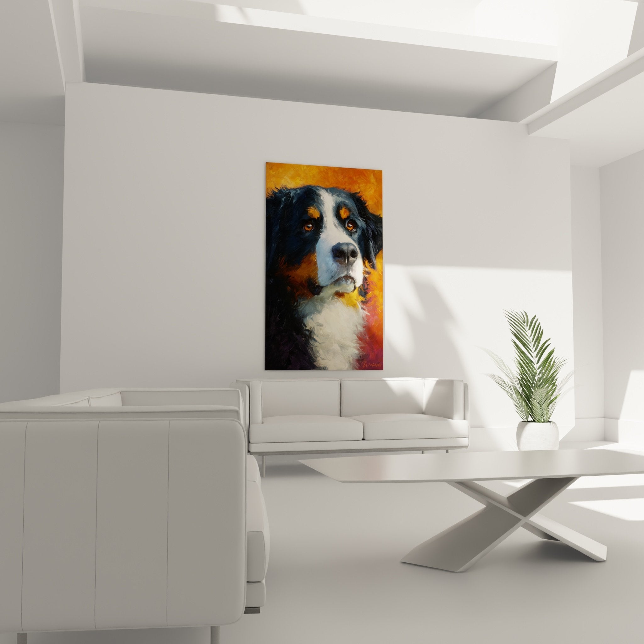 Bernese Mountain Dog portrait detail, expressive gaze brown eyes, modern painting technique warm orange tones