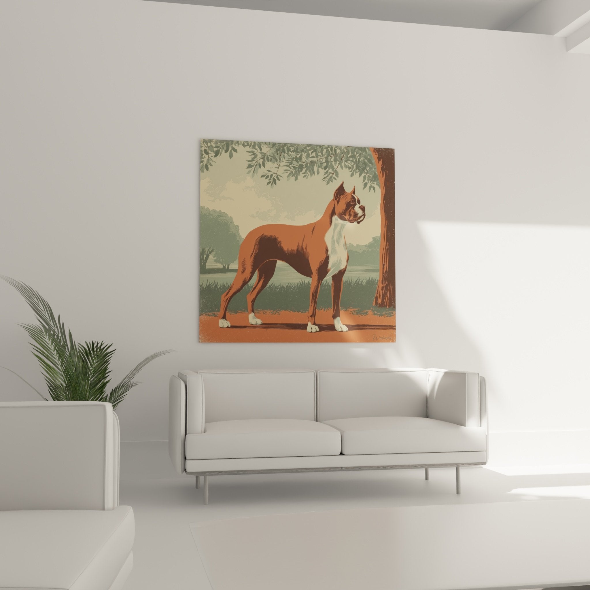 Détail portrait Boxer tableau vintage montrant le pelage roux blanc et l'expression noble du chien sous feuillage vert