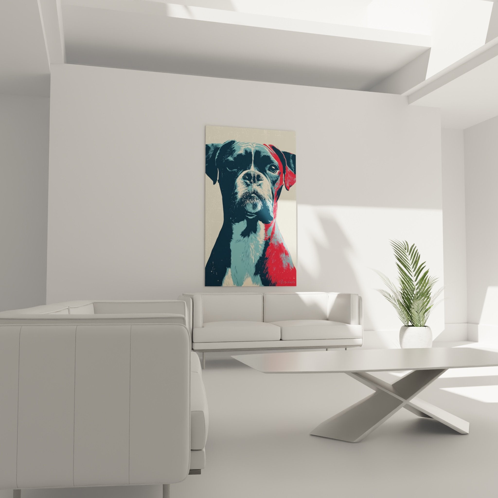 Détail du portrait de Boxer montrant les effets de couleur bleu et rouge en style graphique