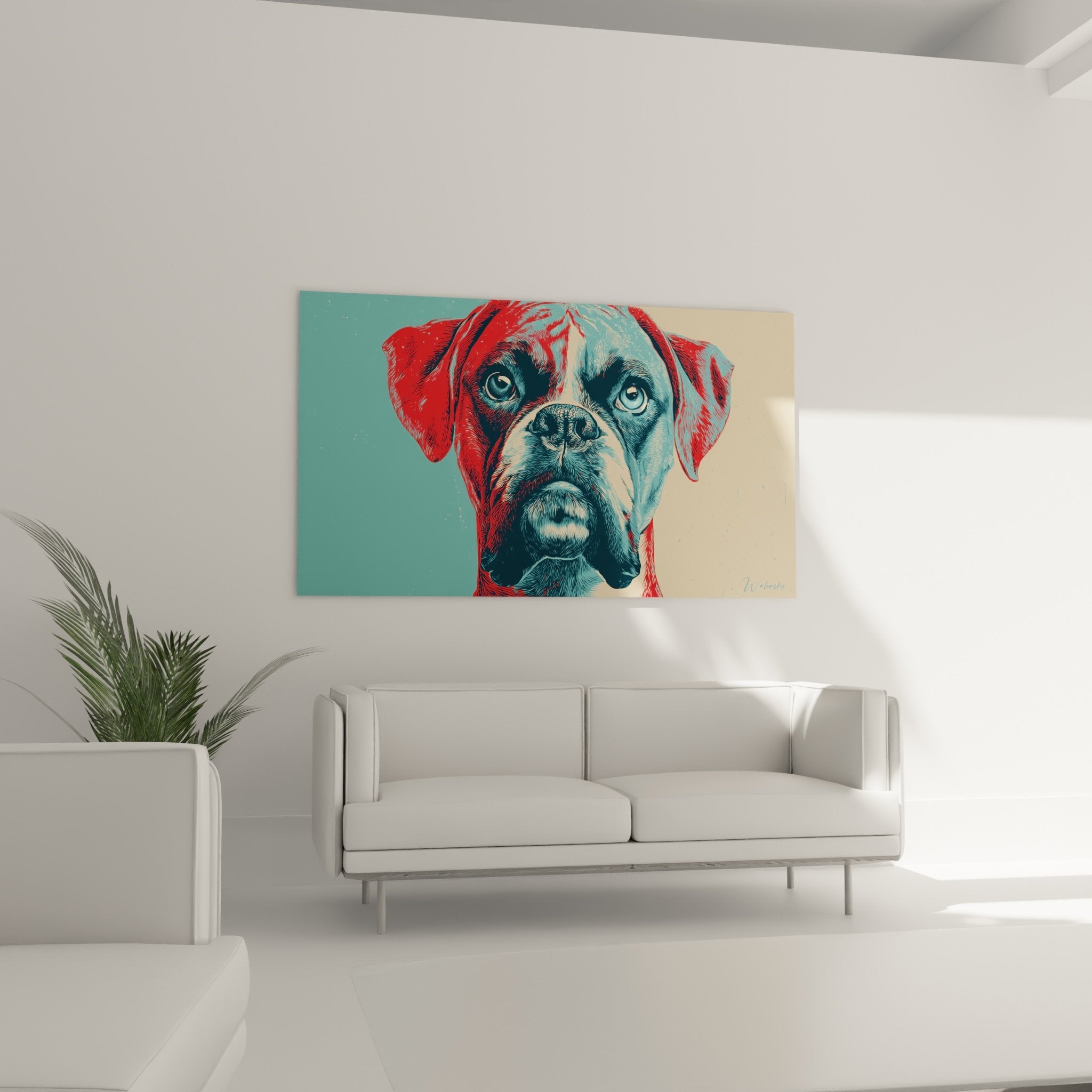 Detailporträt Boxer blaue Augen ausdrucksstark lebendige Farben Türkis Rot moderne Hundekunst