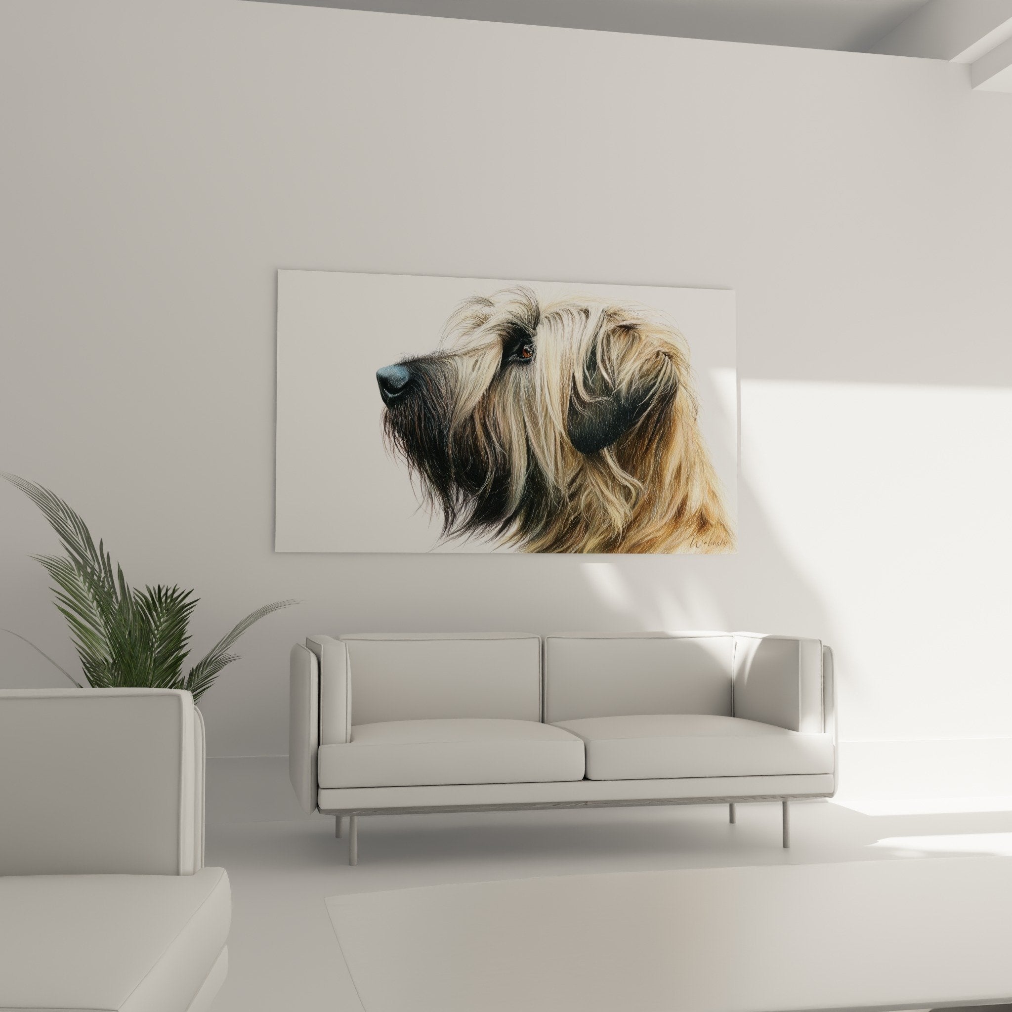 Detail Porträt Briard Profil bernsteinfarbenes Auge seidiges goldbraunes Fell realistische Textur