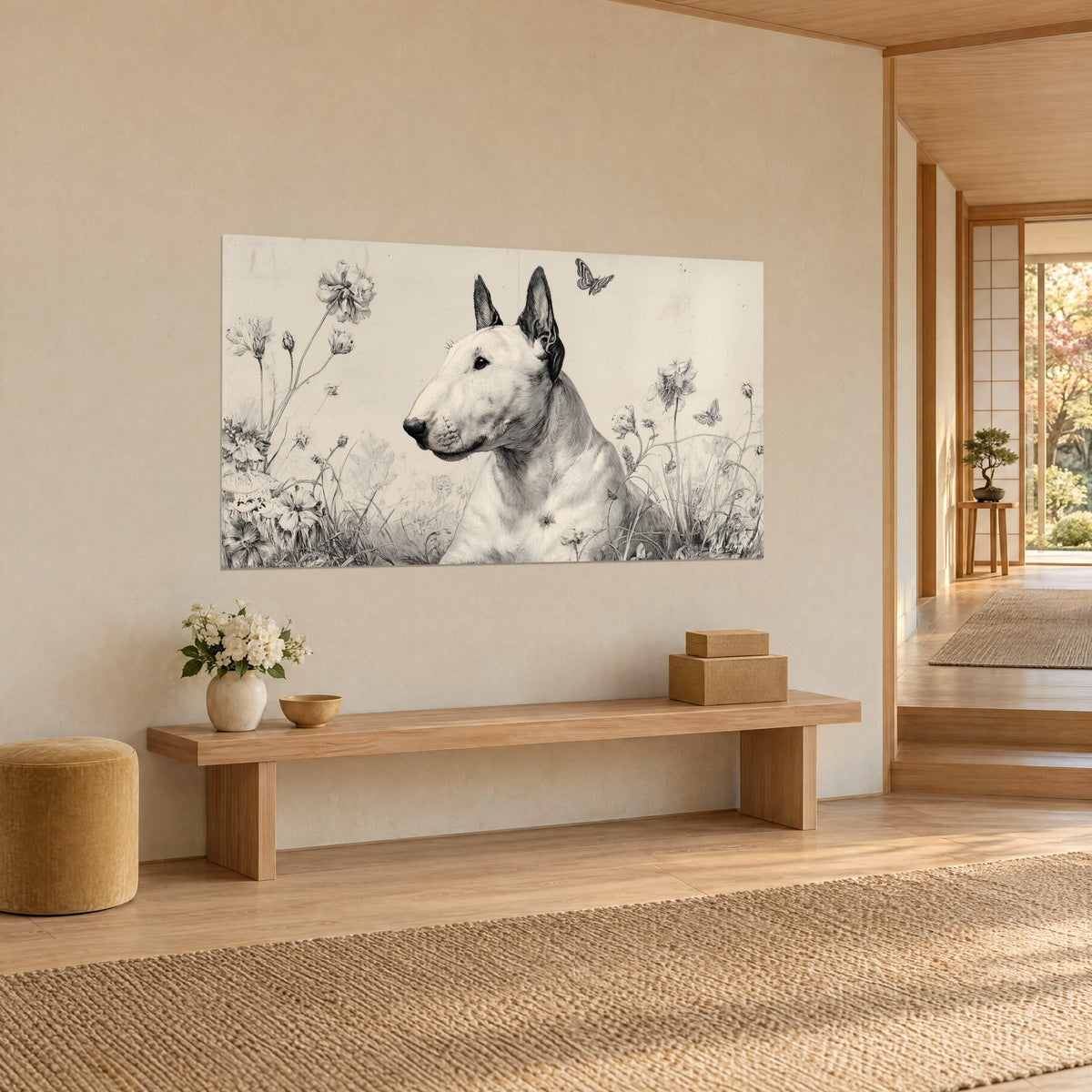 Wall art dog with a curved muzzle and dark gaze, black butterflies and flowers on an ivory background, hung above a light wood bench