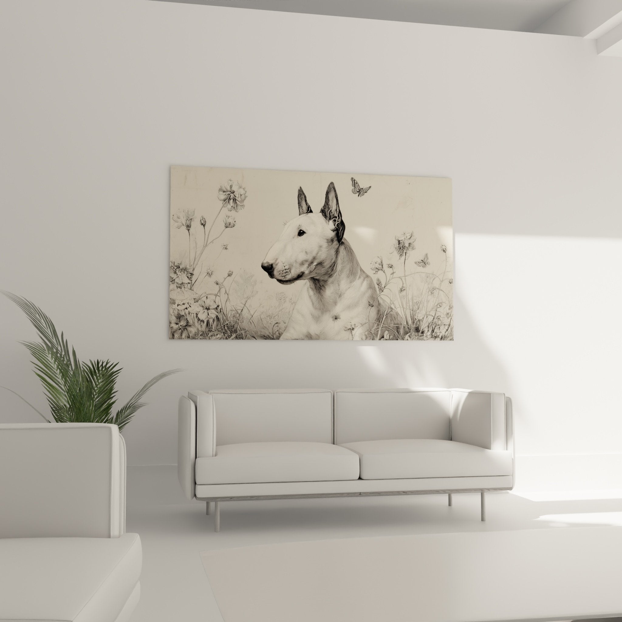 Détail portrait Bull Terrier dessin technique hachures contraste noir blanc pelage oreilles