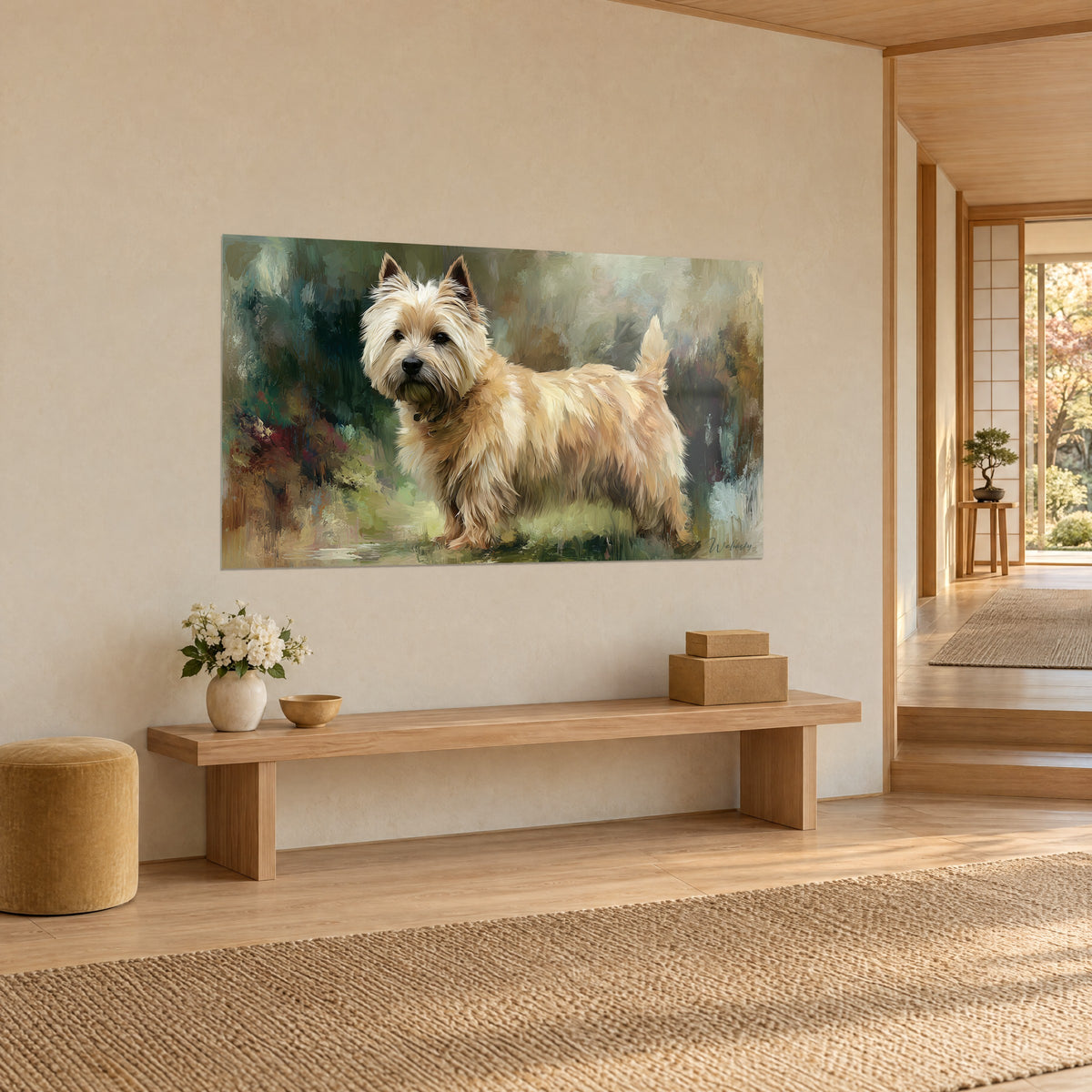 Quadro di ritratto di cane nei toni beige e crema, orecchie dritte, tocchi di pittura verde, visto di tre quarti accanto a una panca in legno chiaro