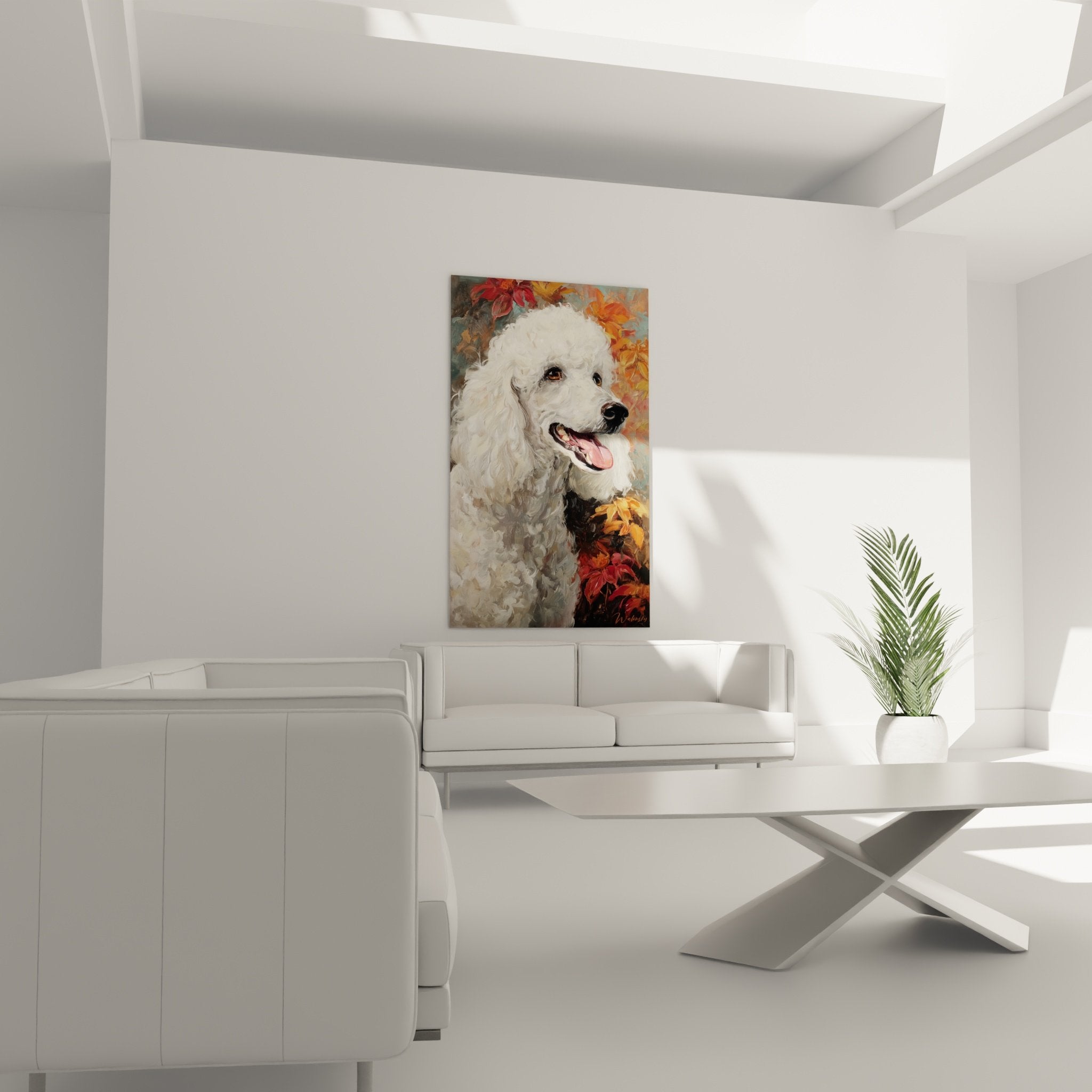 Detail portrait caniche boucles blanches texture pelage technique picturale realiste expression joyeuse regard doux