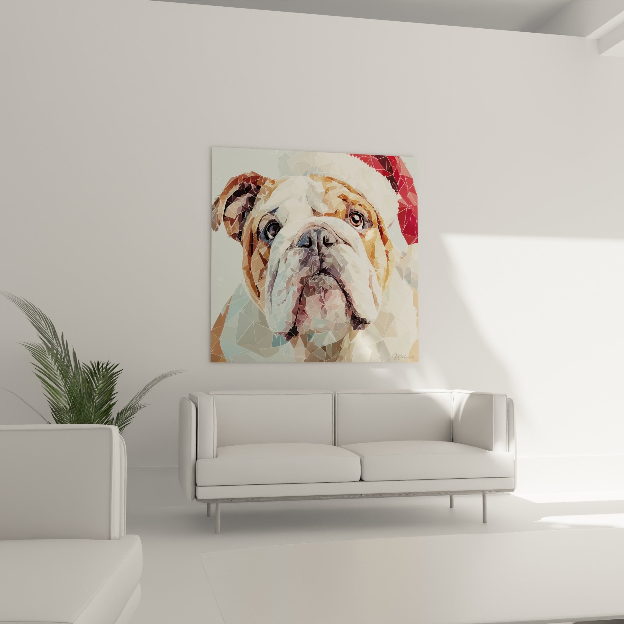 Detail portrait bouledogue anglais technique mosaique triangulaire tons chauds beiges rouge